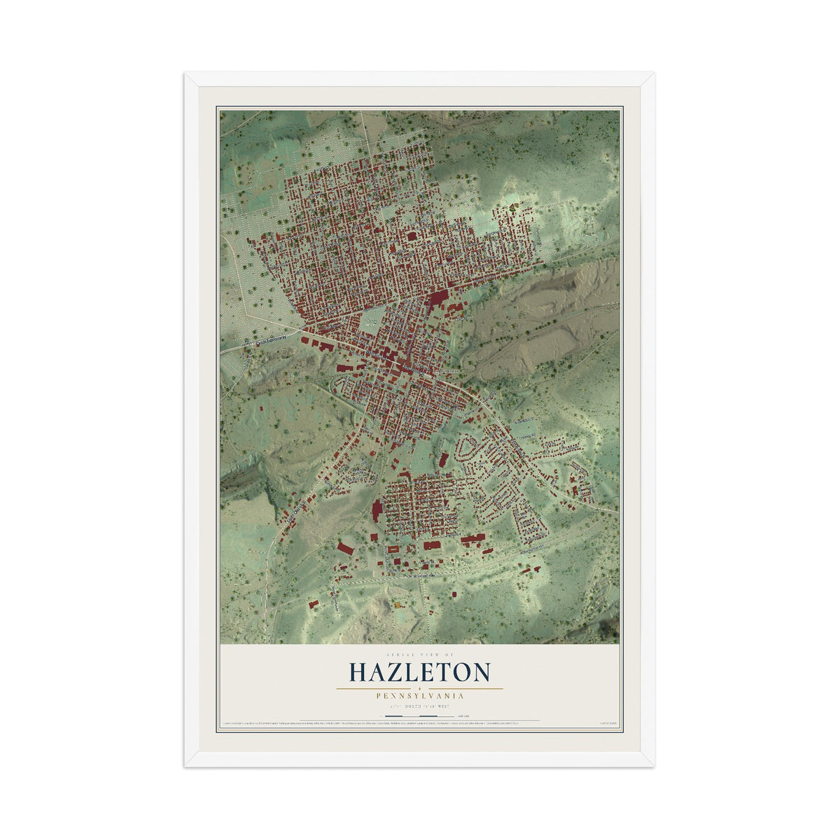 Map of Hazleton, Pennsylvania, 12 x 18 inch print in a white wood frame
