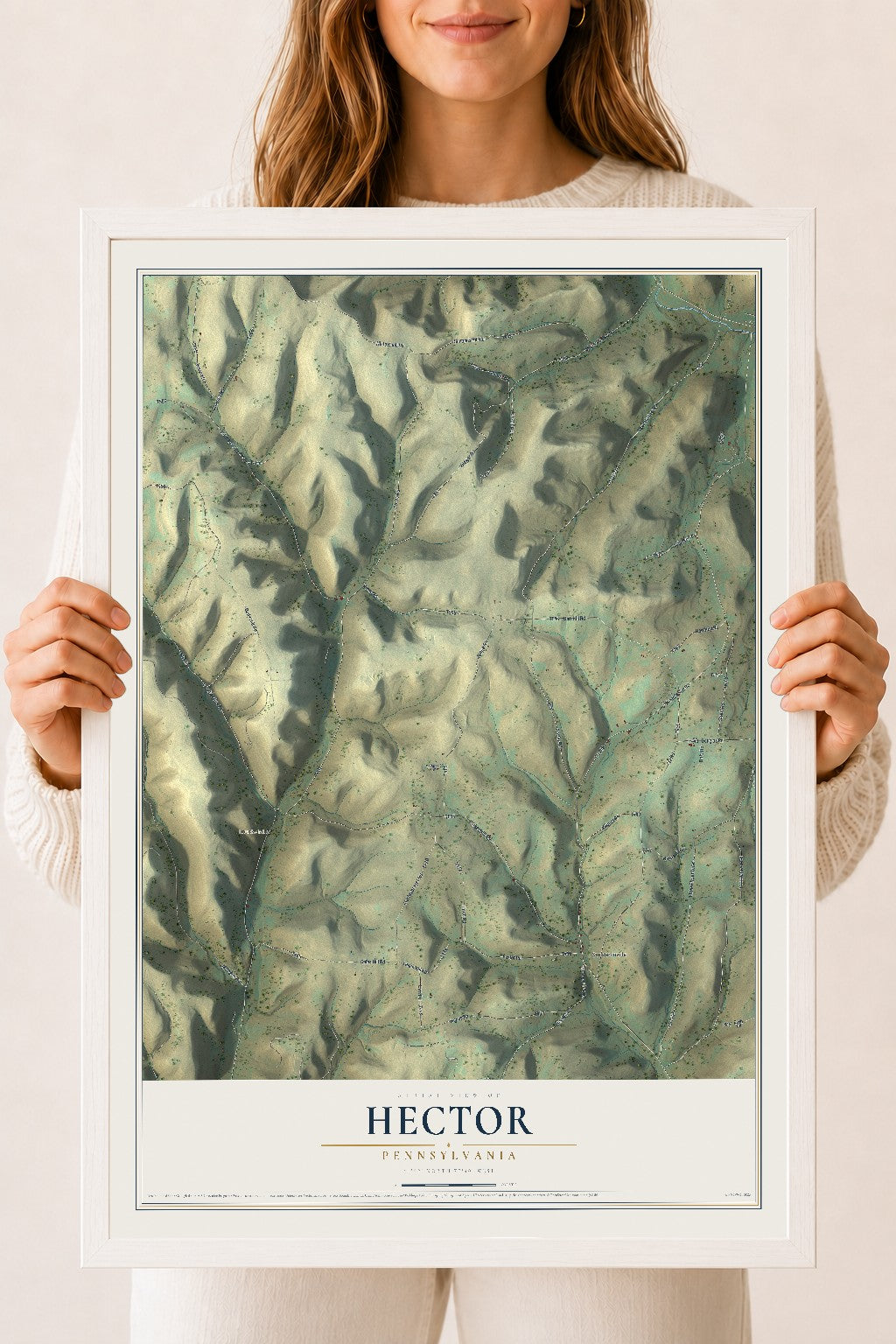 Map of Hector, Pennsylvania, 18 x 24 inch print in a white wood frame