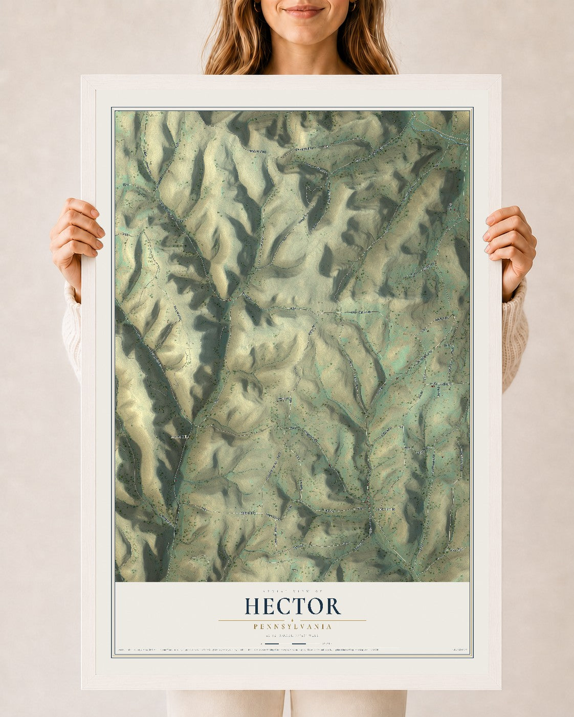 Map of Hector, Pennsylvania, 24 x 36 inch print in a white wood frame