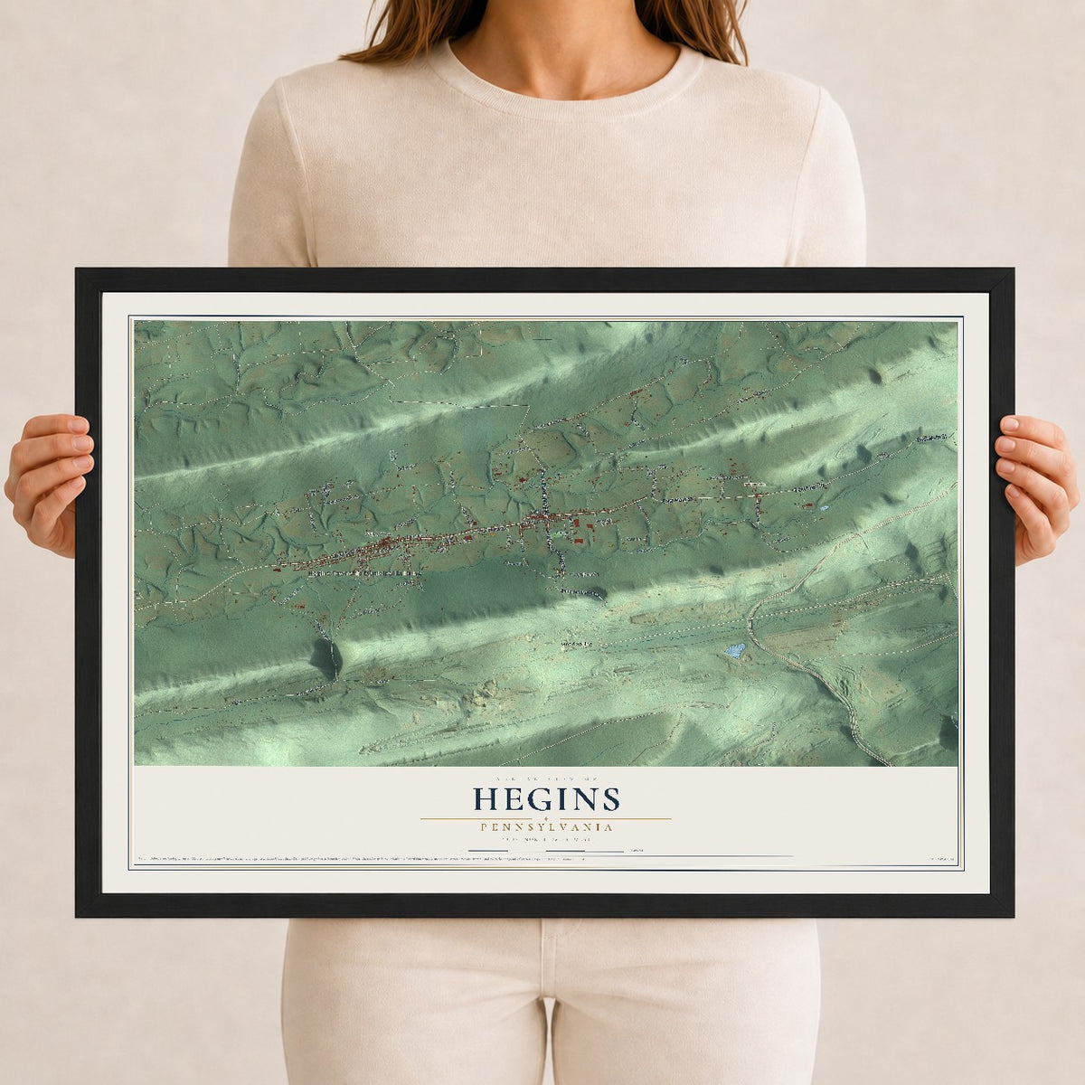 Map of Hegins, Pennsylvania, 12 x 18 inch print in a black wood frame