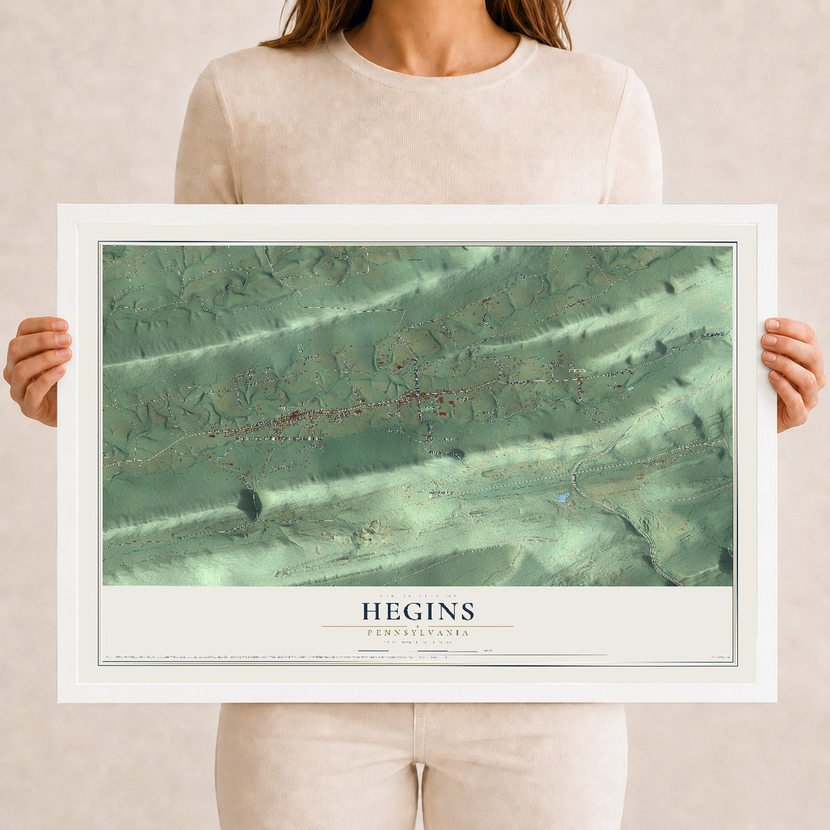 Map of Hegins, Pennsylvania, 12 x 18 inch print in a white wood frame