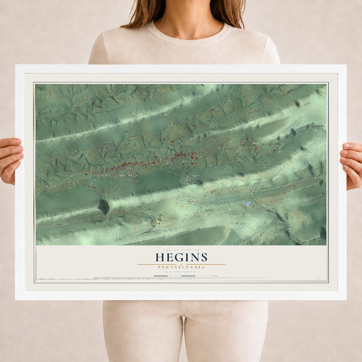 Map of Hegins, Pennsylvania, 18 x 24 inch print in a white wood frame