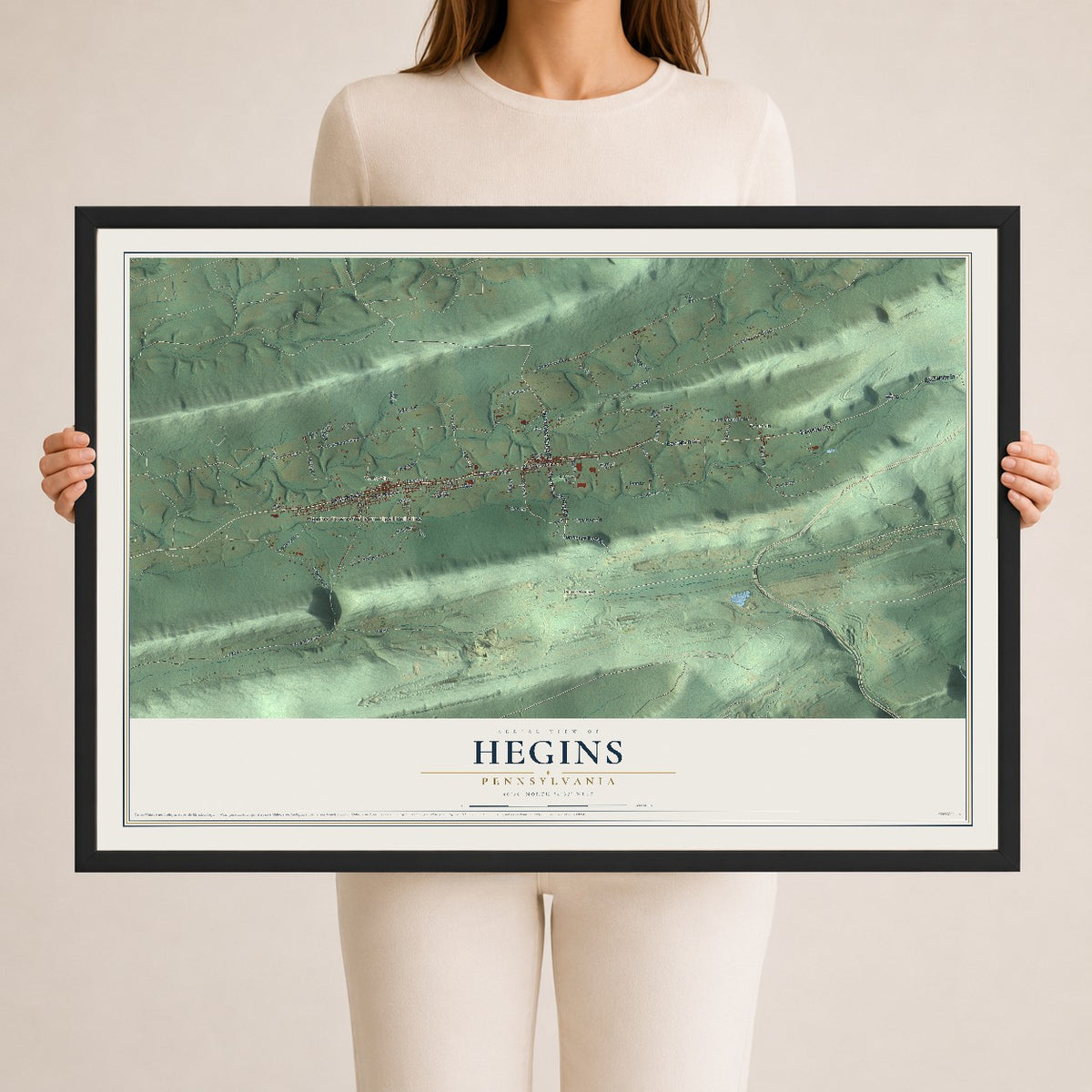 Map of Hegins, Pennsylvania, 24 x 36 inch print in a black wood frame