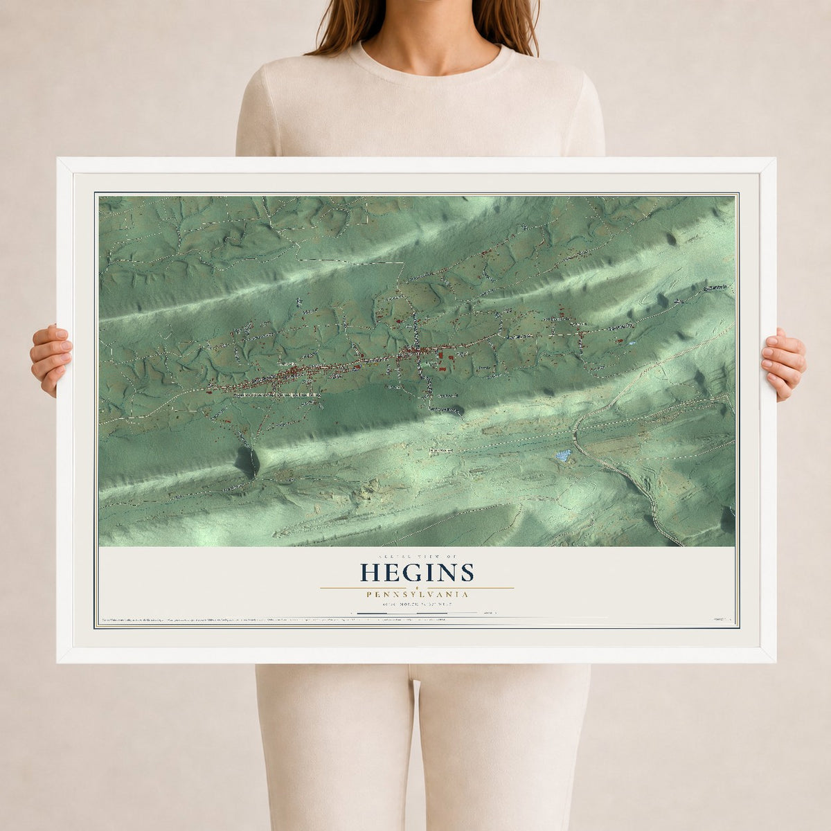 Map of Hegins, Pennsylvania, 24 x 36 inch print in a white wood frame