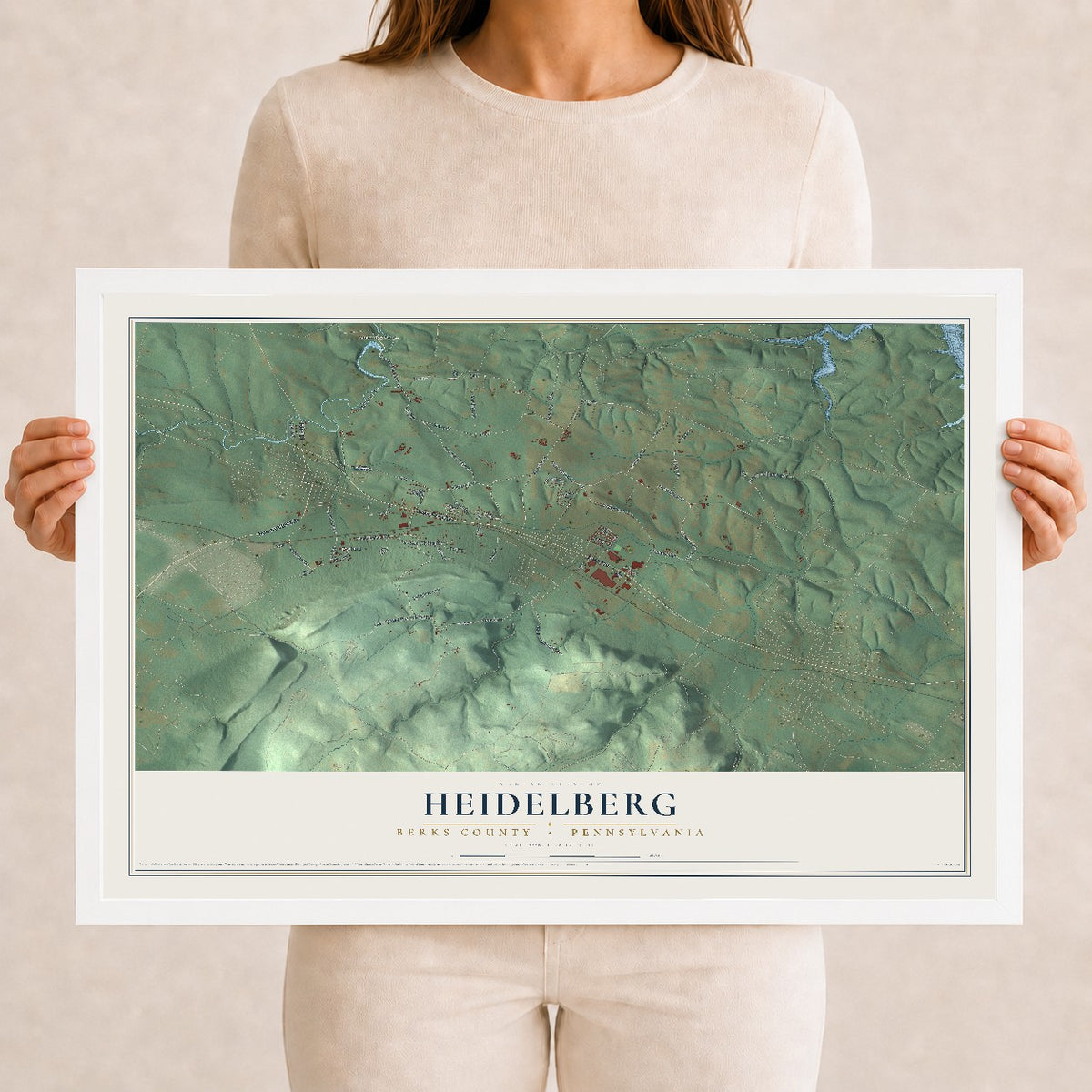 Map of Heidelberg, Berks County, Pennsylvania, 12 x 18 inch print in a white wood frame