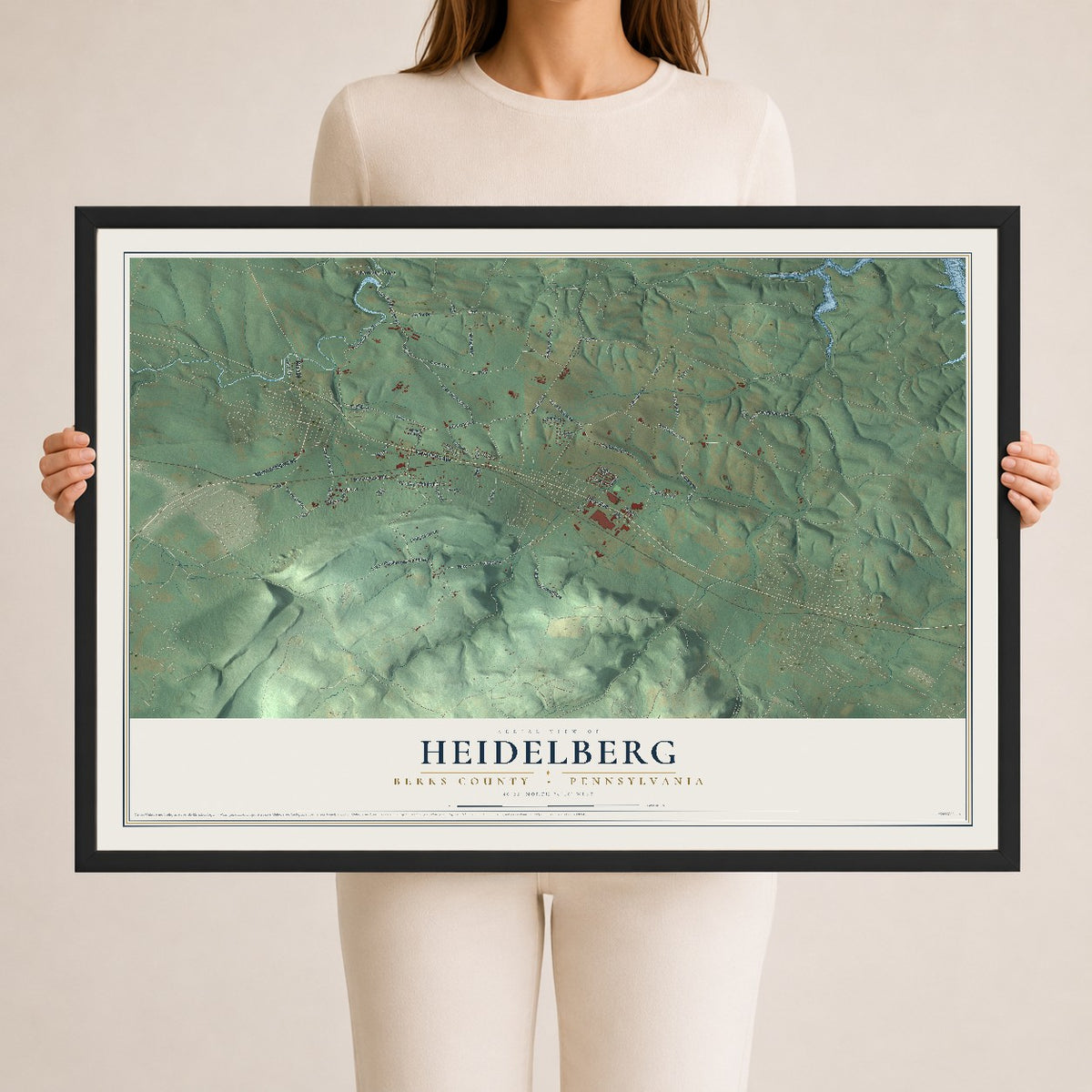 Map of Heidelberg, Berks County, Pennsylvania, 24 x 36 inch print in a black wood frame