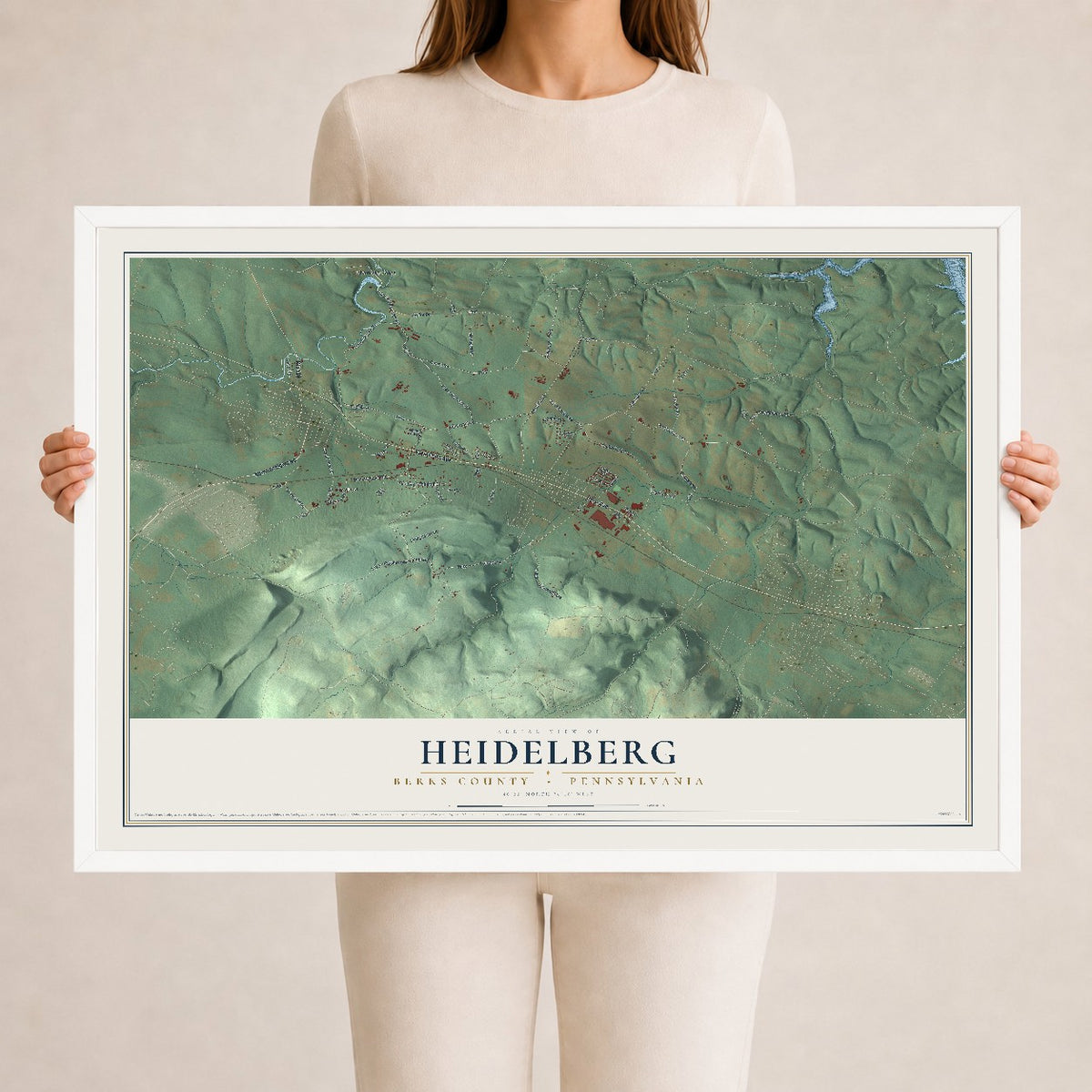 Map of Heidelberg, Berks County, Pennsylvania, 24 x 36 inch print in a white wood frame