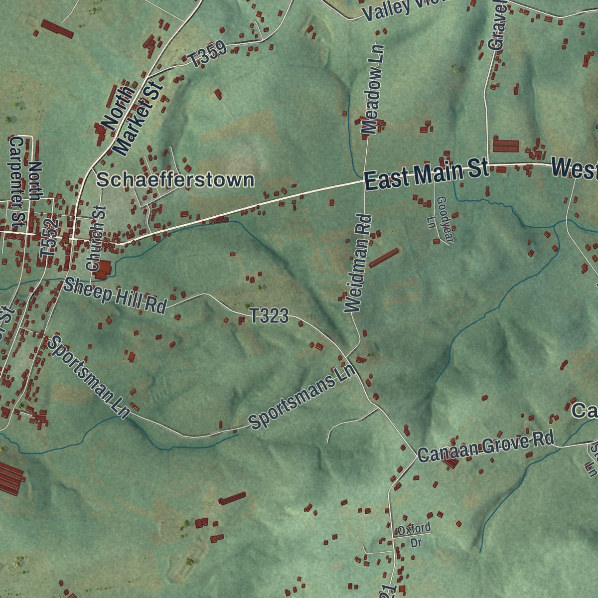 Close-up of the map of Heidelberg, Lebanon County, Pennsylvania print showing street and building detail