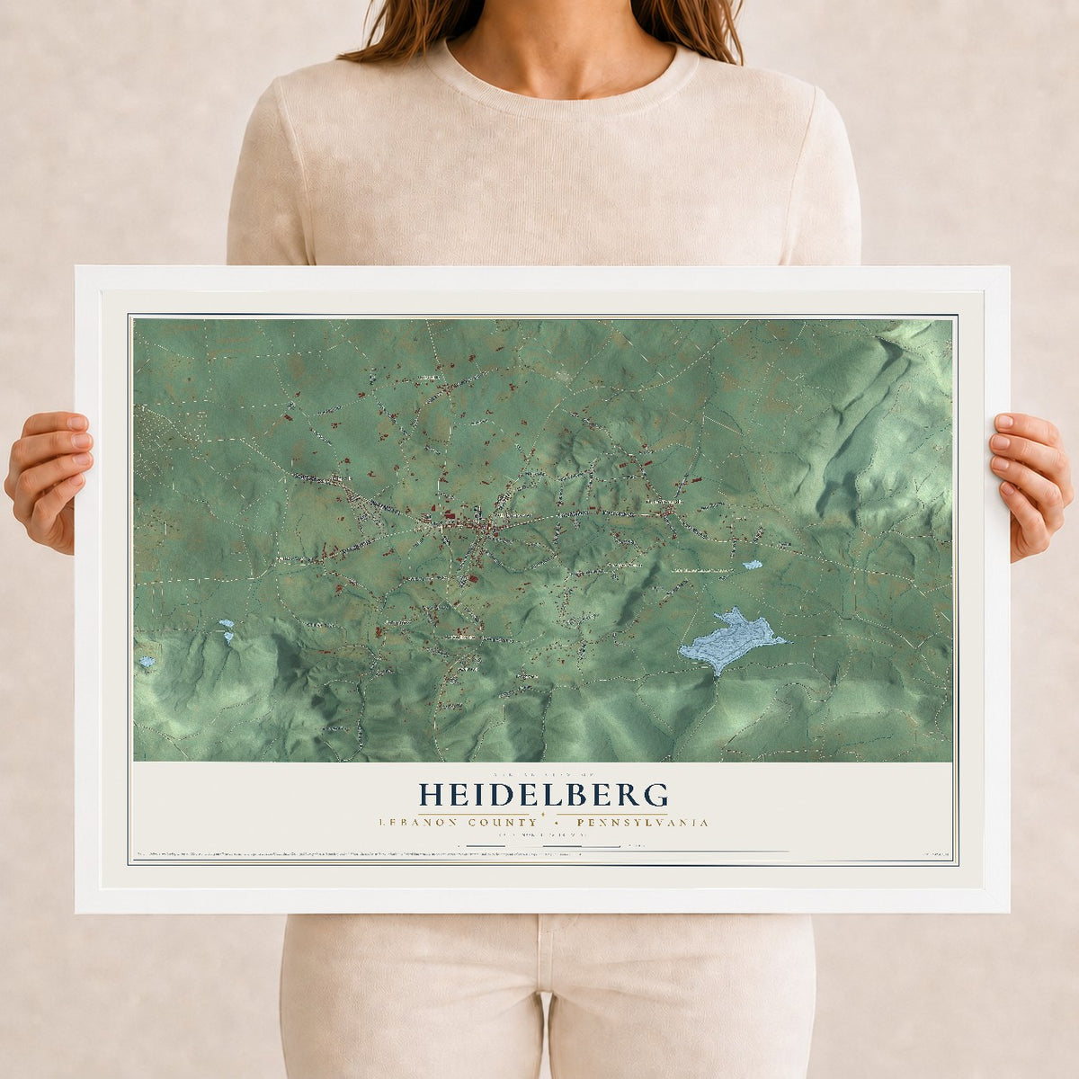 Map of Heidelberg, Lebanon County, Pennsylvania, 12 x 18 inch print in a white wood frame