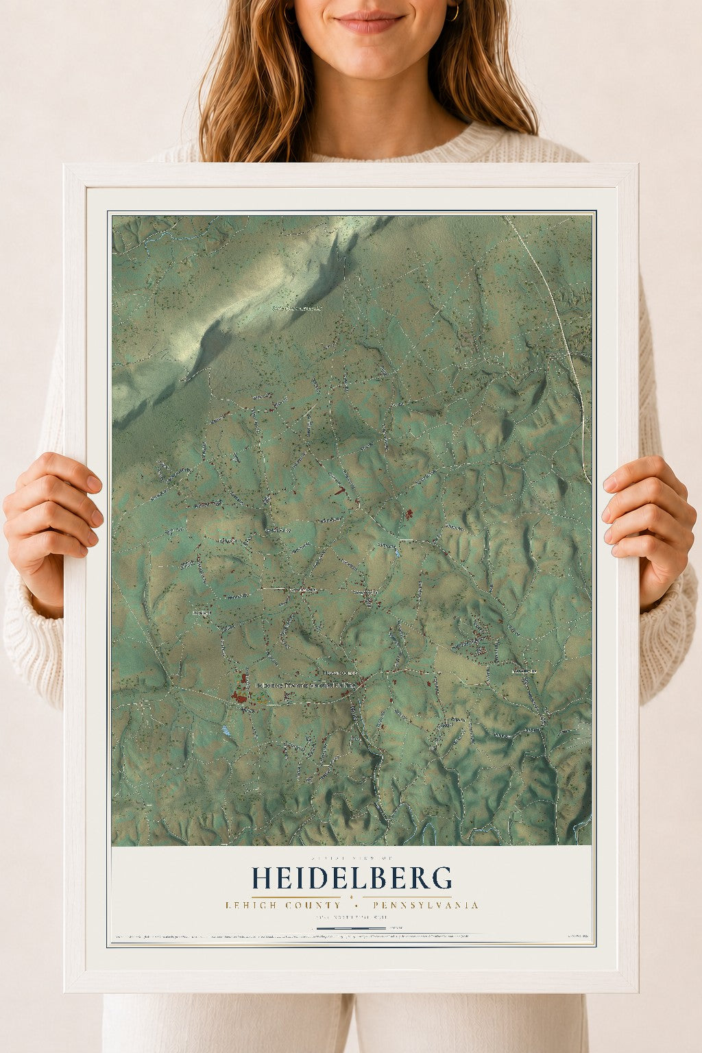 Map of Heidelberg, Lehigh County, Pennsylvania, 18 x 24 inch print in a white wood frame