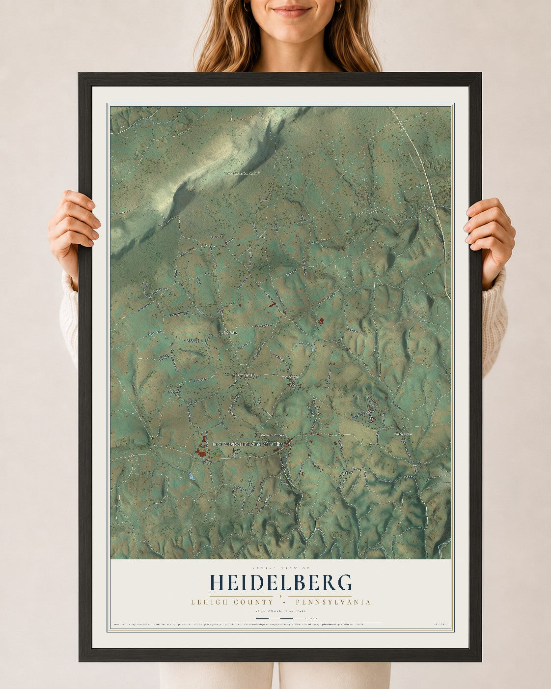Map of Heidelberg, Lehigh County, Pennsylvania, 24 x 36 inch print in a black wood frame