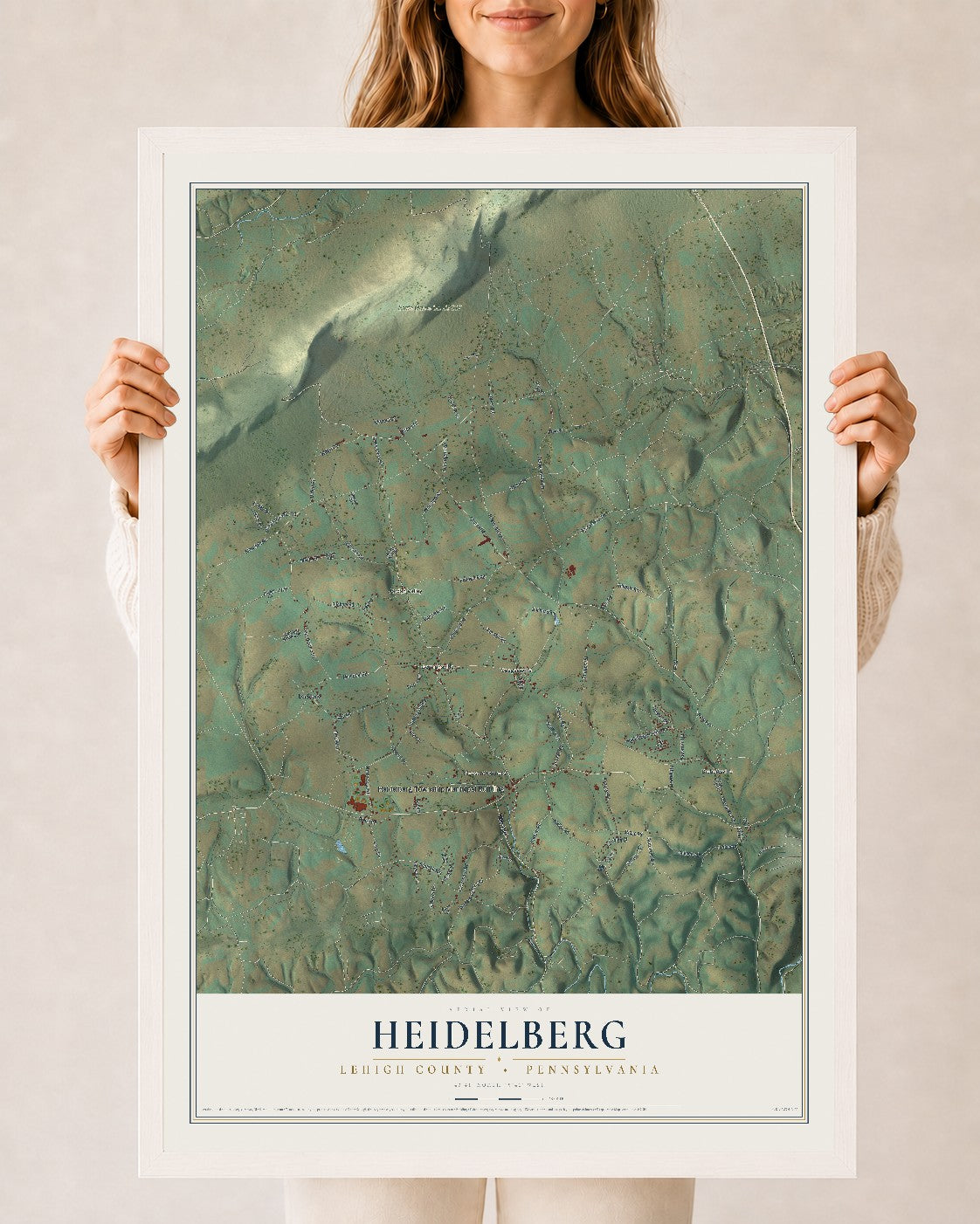 Map of Heidelberg, Lehigh County, Pennsylvania, 24 x 36 inch print in a white wood frame