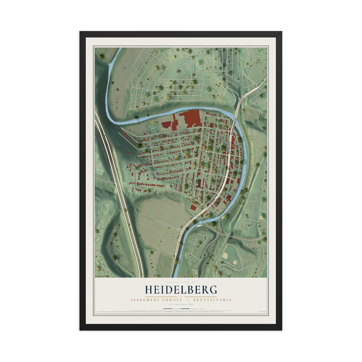 Map of Heidelberg, Allegheny County, Pennsylvania, 12 x 18 inch print in a black wood frame
