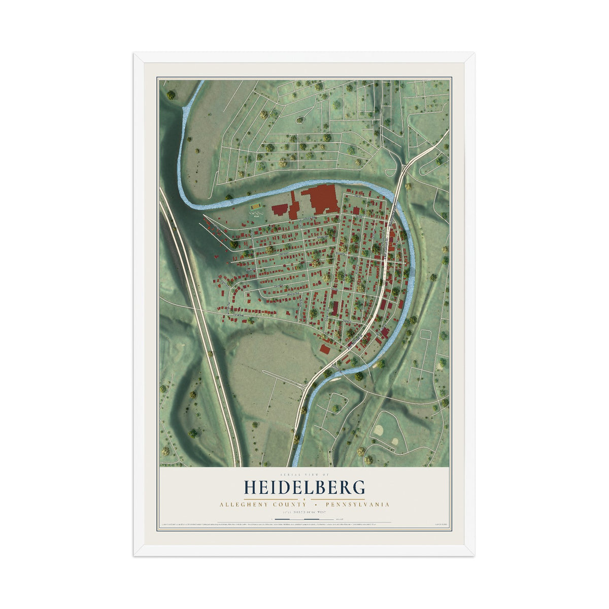 Map of Heidelberg, Allegheny County, Pennsylvania, 12 x 18 inch print in a white wood frame