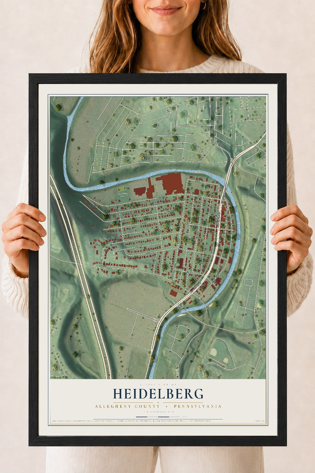 Map of Heidelberg, Allegheny County, Pennsylvania, 18 x 24 inch print in a black wood frame