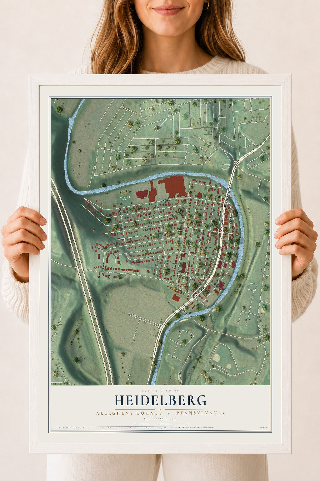 Map of Heidelberg, Allegheny County, Pennsylvania, 18 x 24 inch print in a white wood frame