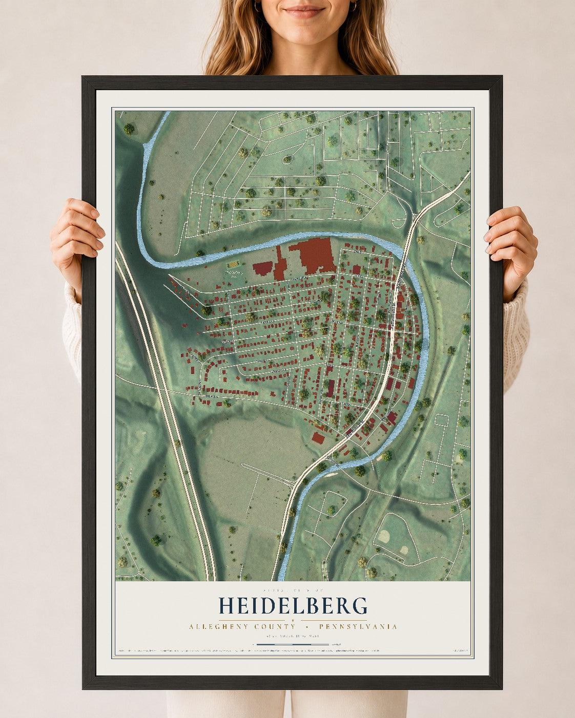 Map of Heidelberg, Allegheny County, Pennsylvania, 24 x 36 inch print in a black wood frame