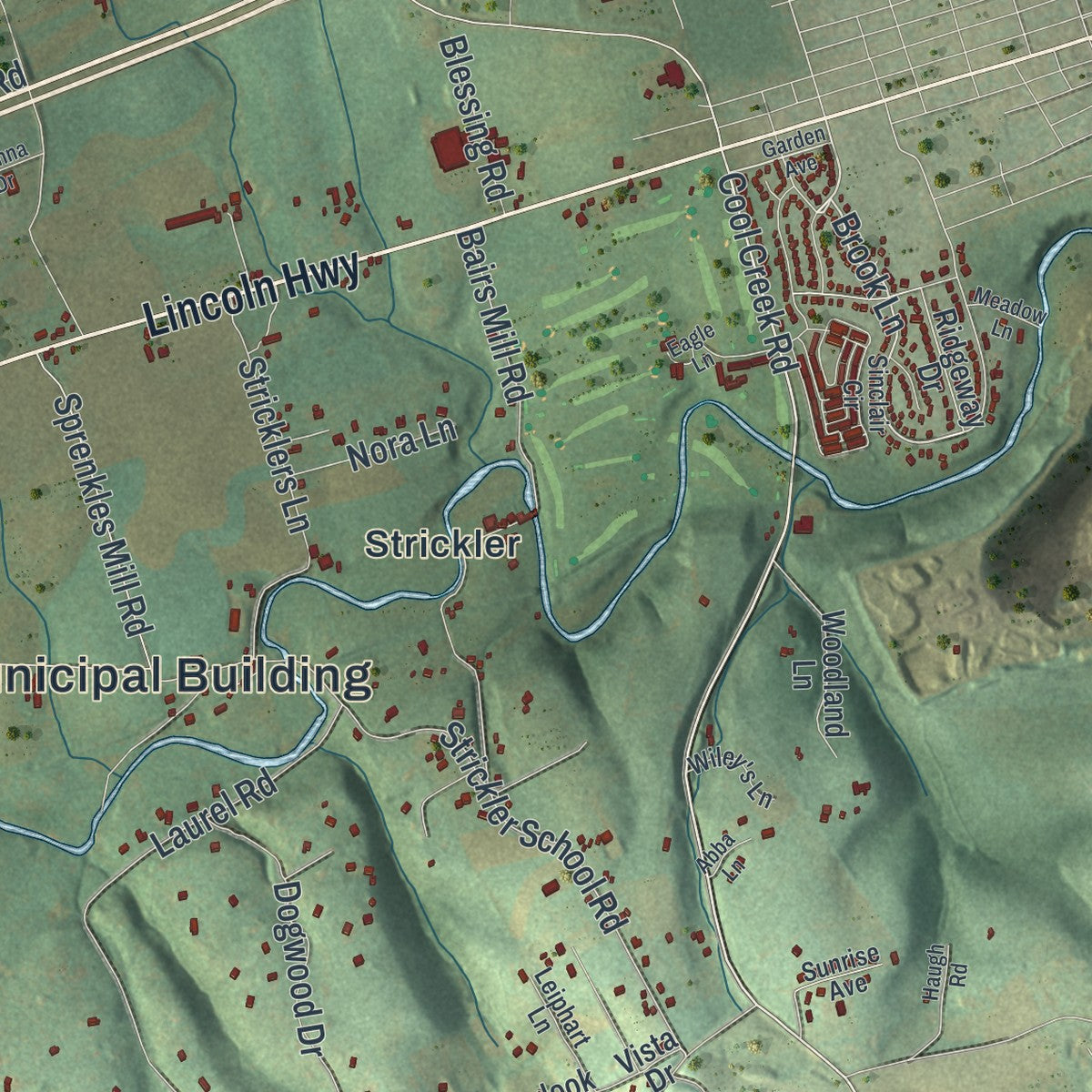 Second close-up of the map of Hellam, Pennsylvania print showing more streets and buildings