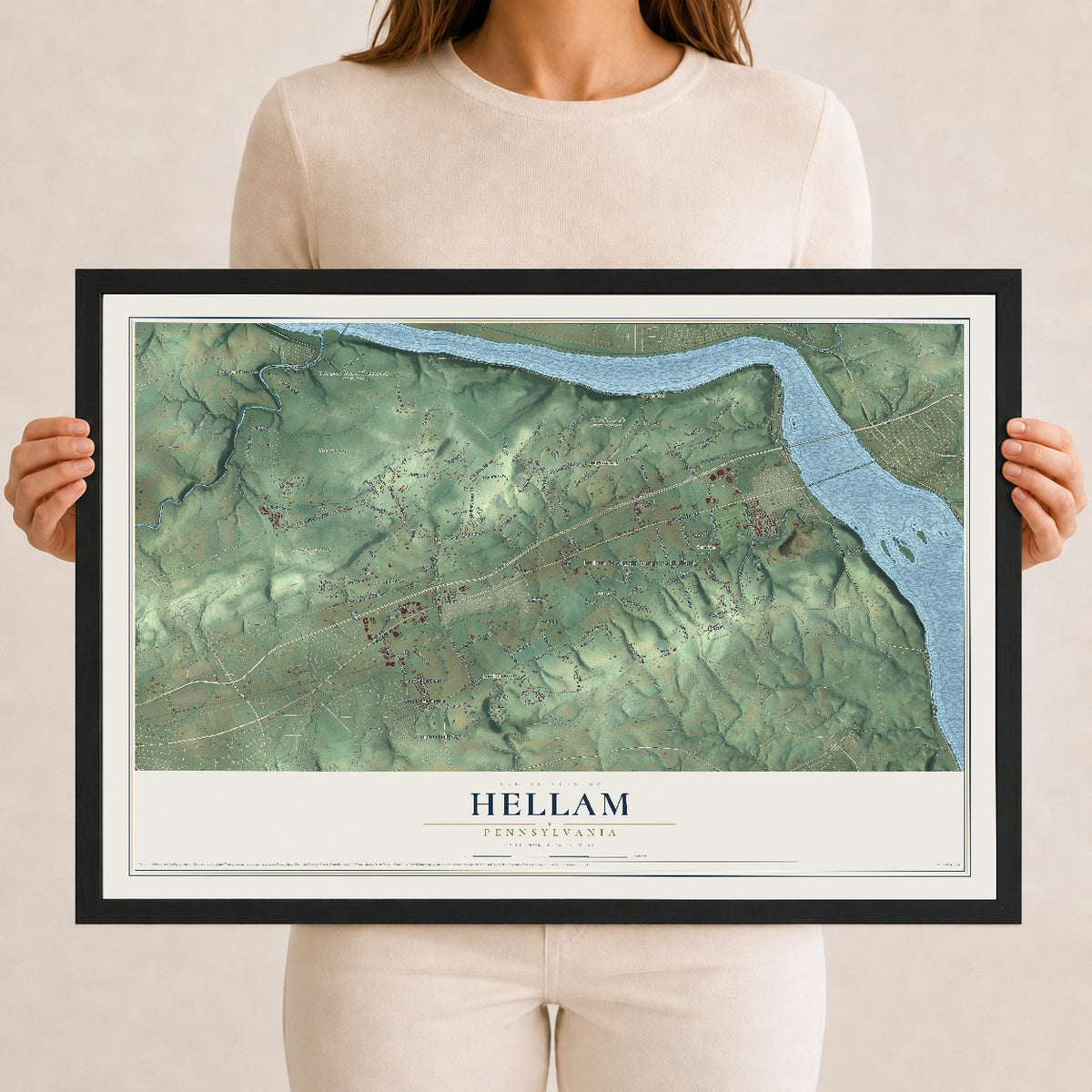 Map of Hellam, Pennsylvania, 12 x 18 inch print in a black wood frame