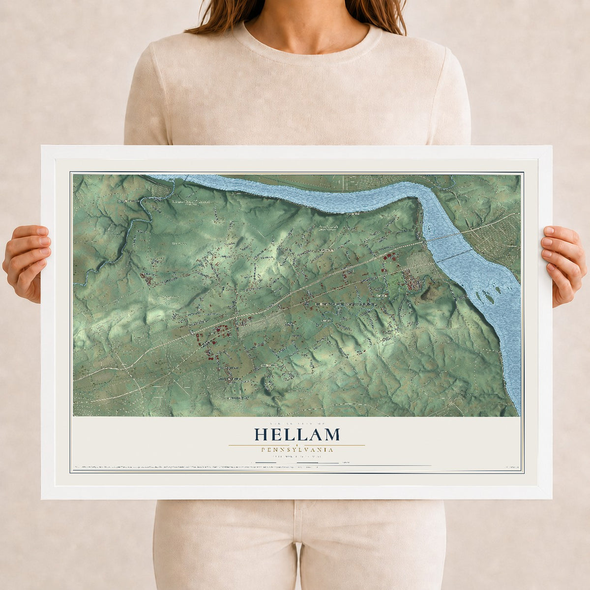Map of Hellam, Pennsylvania, 12 x 18 inch print in a white wood frame
