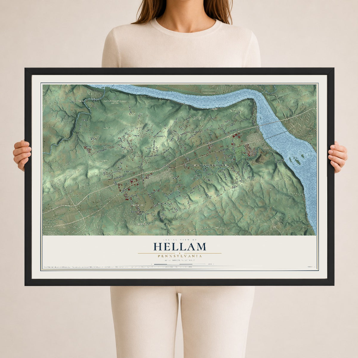 Map of Hellam, Pennsylvania, 24 x 36 inch print in a black wood frame