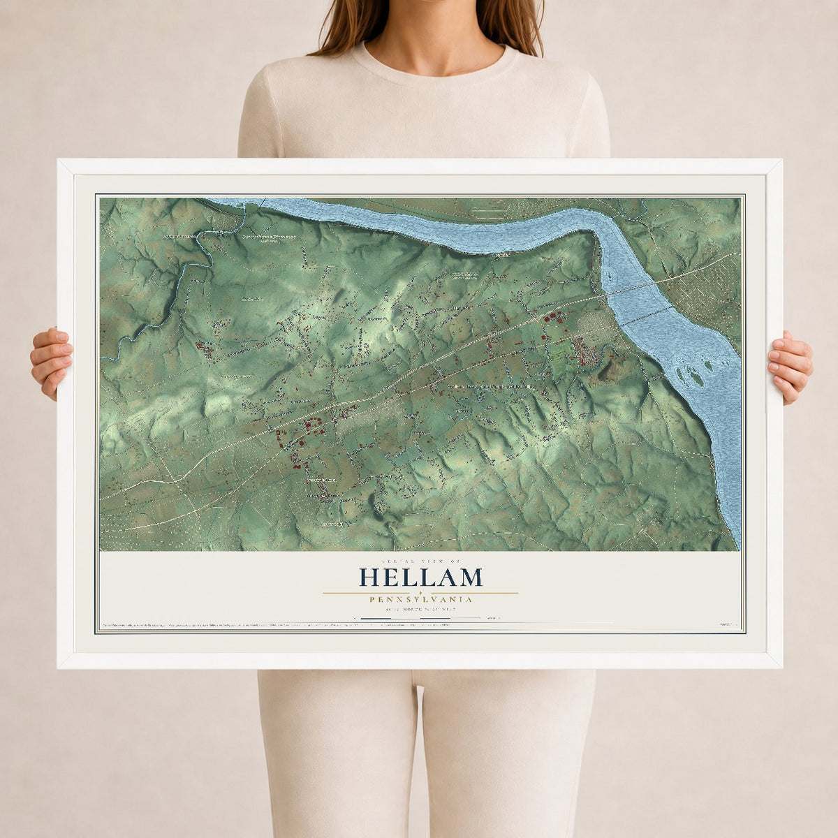Map of Hellam, Pennsylvania, 24 x 36 inch print in a white wood frame
