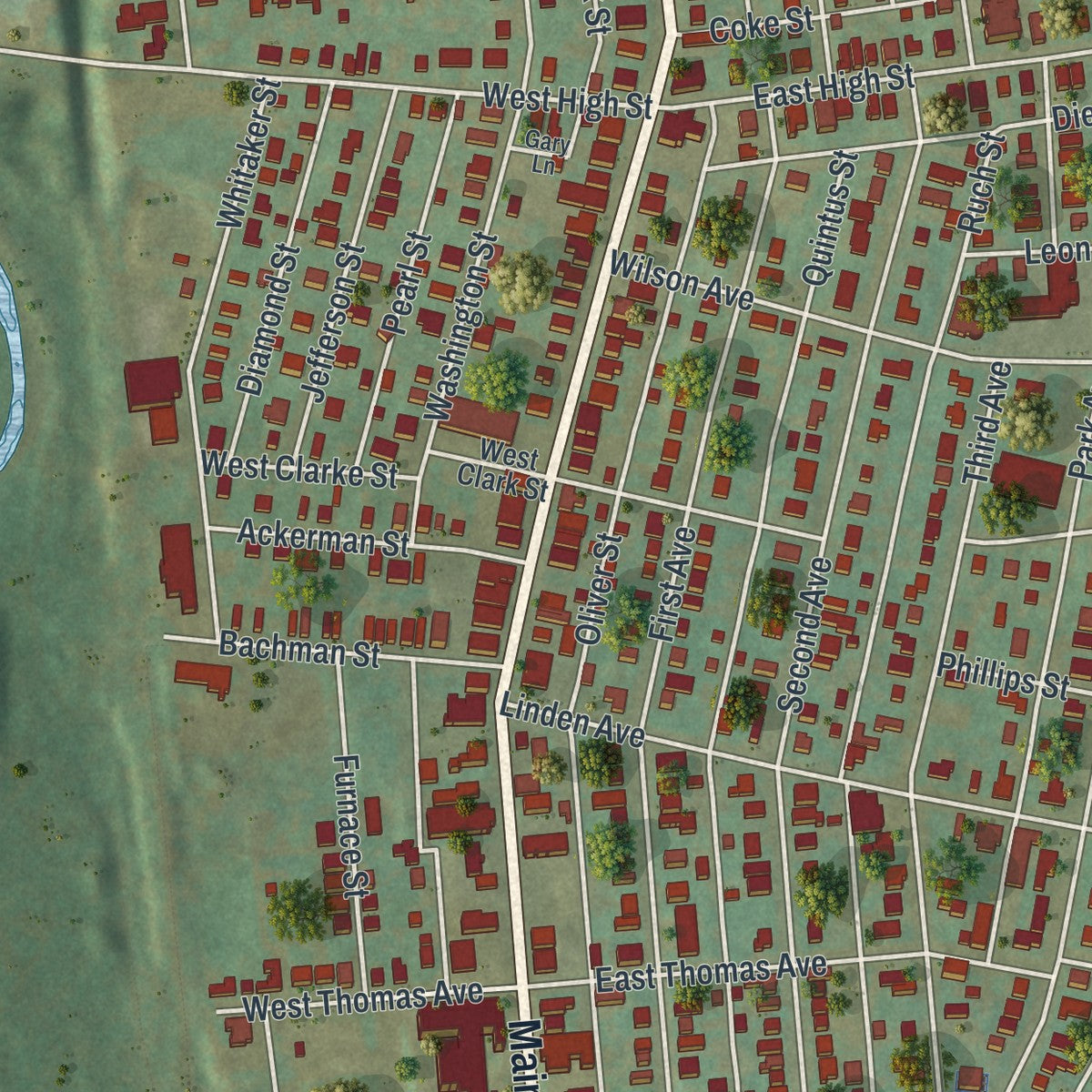 Close-up of the map of Hellertown, Pennsylvania print showing street and building detail