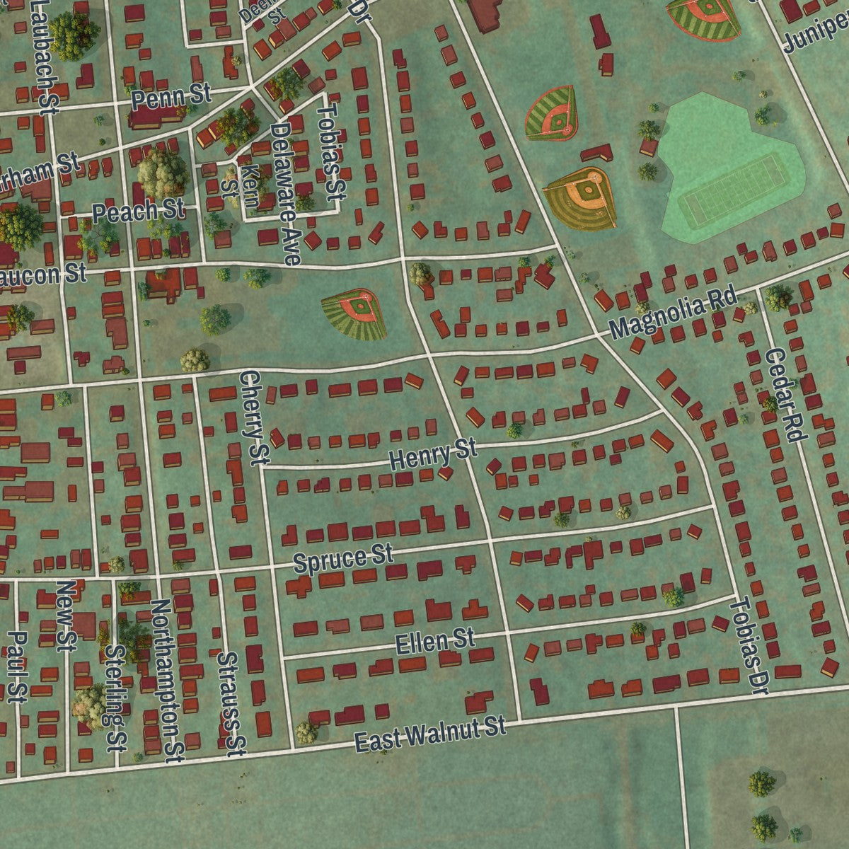 Second close-up of the map of Hellertown, Pennsylvania print showing more streets and buildings