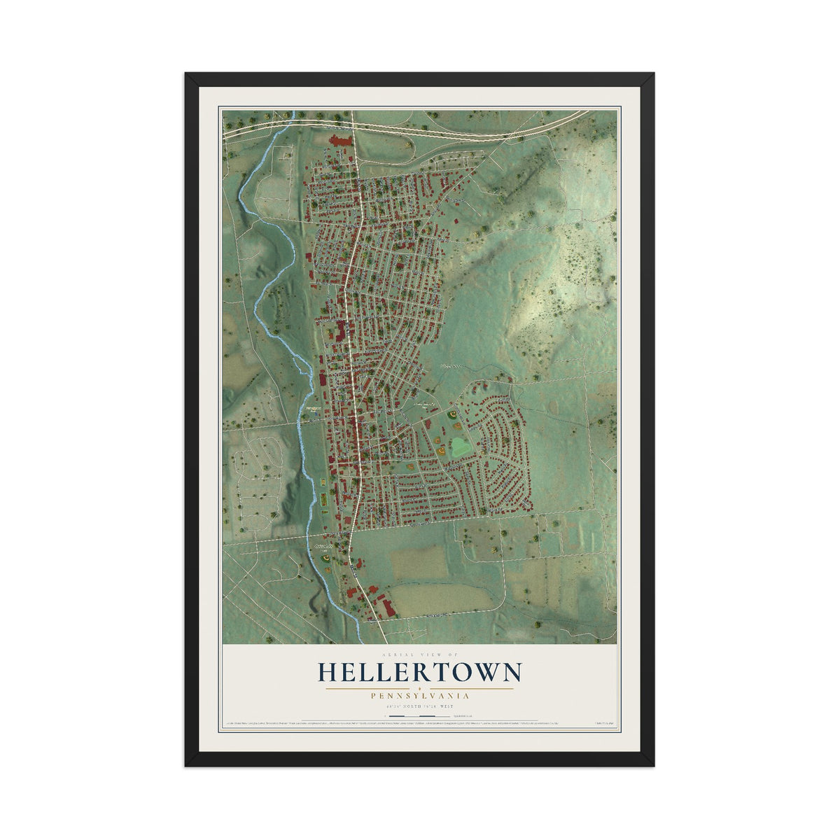 Map of Hellertown, Pennsylvania, 12 x 18 inch print in a black wood frame