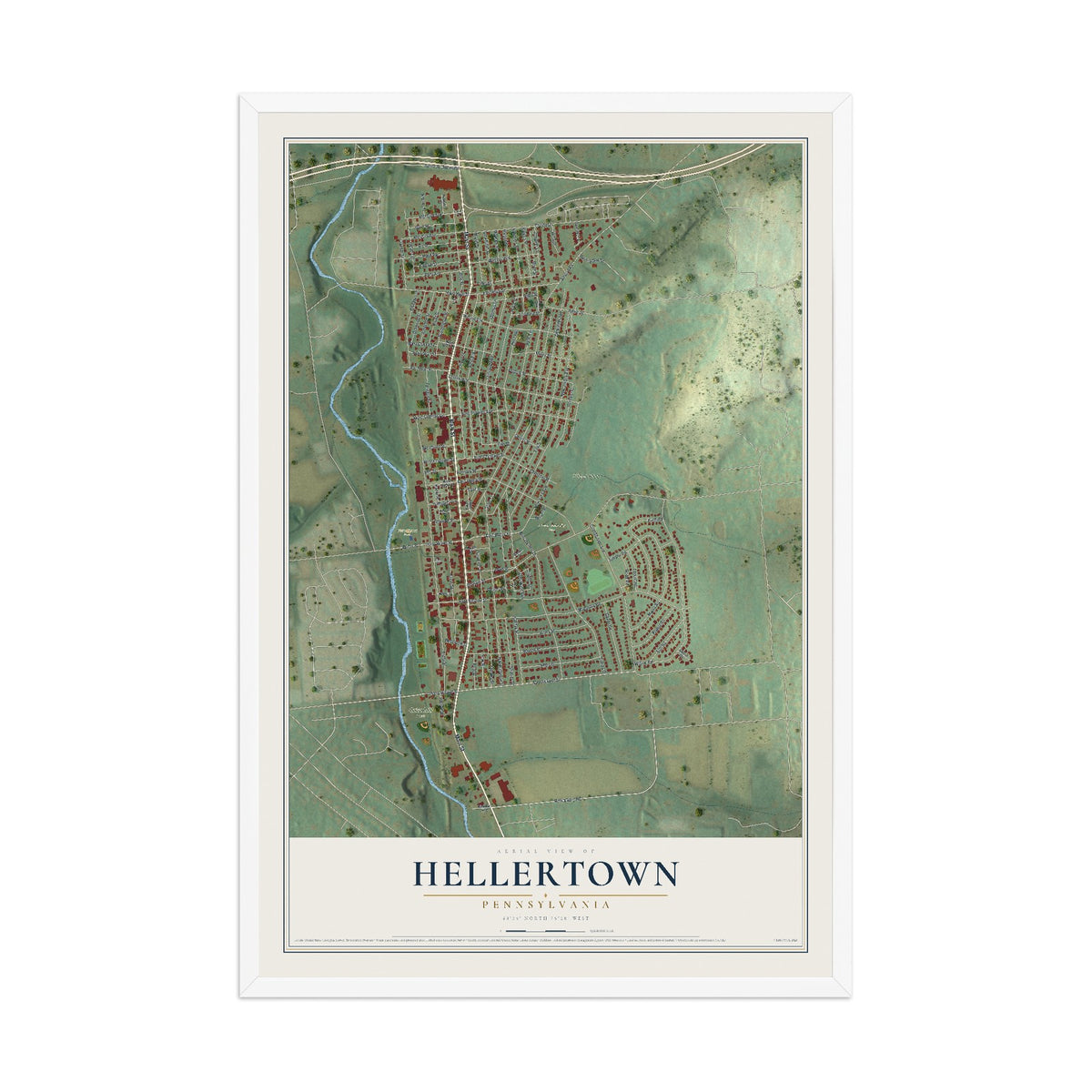 Map of Hellertown, Pennsylvania, 12 x 18 inch print in a white wood frame