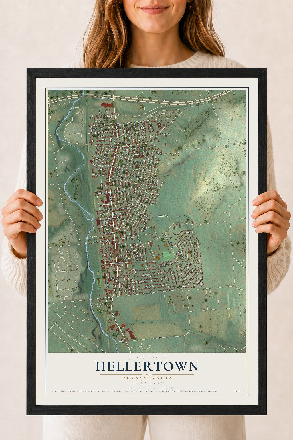 Map of Hellertown, Pennsylvania, 18 x 24 inch print in a black wood frame