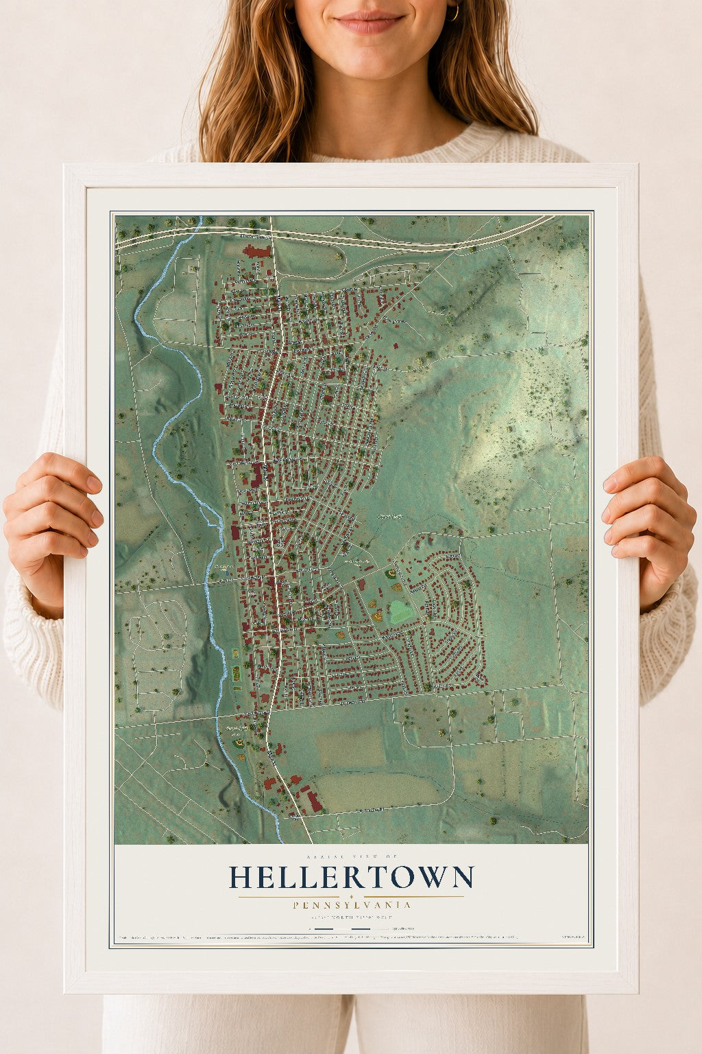 Map of Hellertown, Pennsylvania, 18 x 24 inch print in a white wood frame