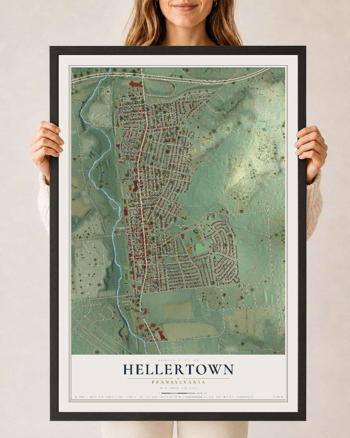 Map of Hellertown, Pennsylvania, 24 x 36 inch print in a black wood frame