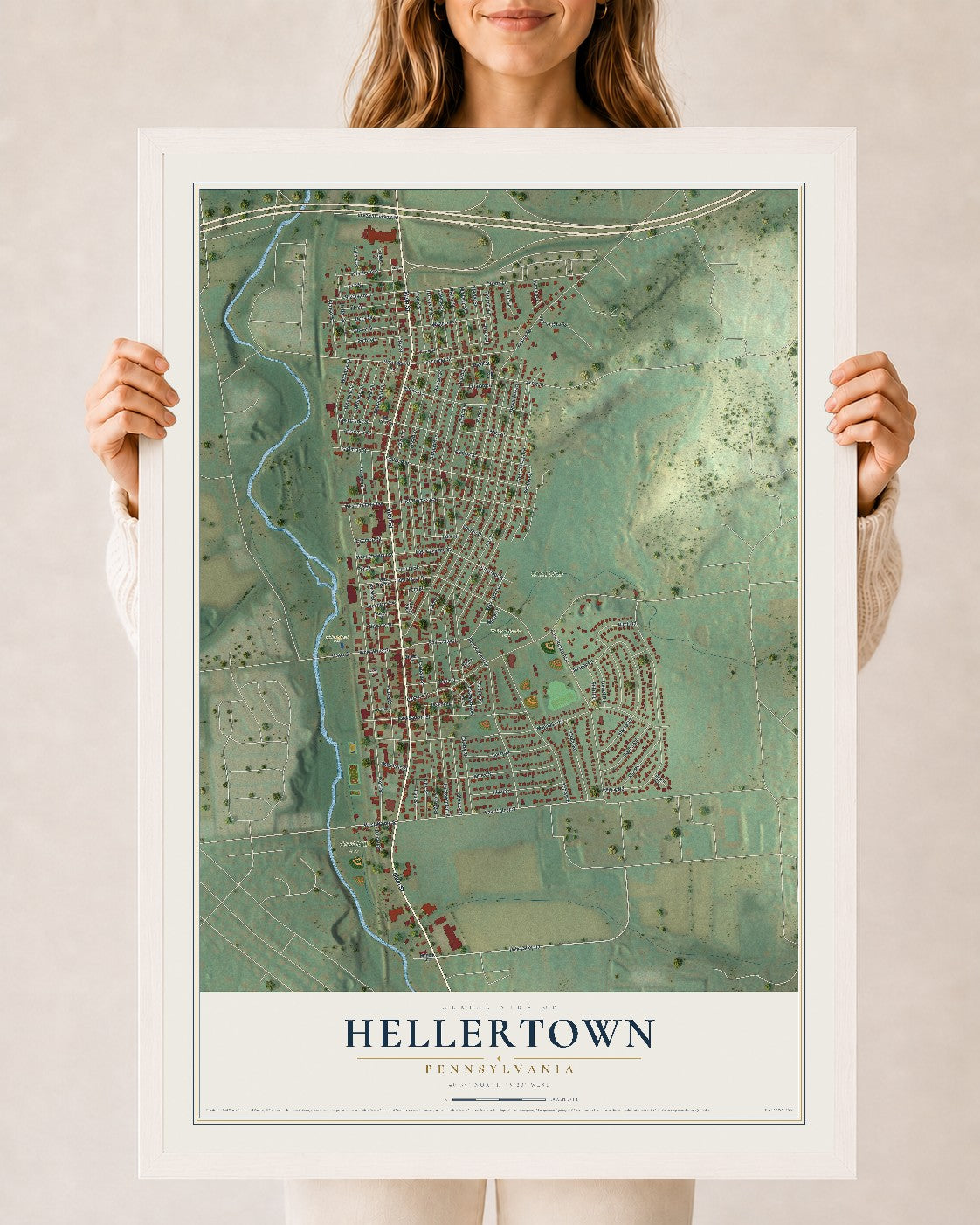 Map of Hellertown, Pennsylvania, 24 x 36 inch print in a white wood frame