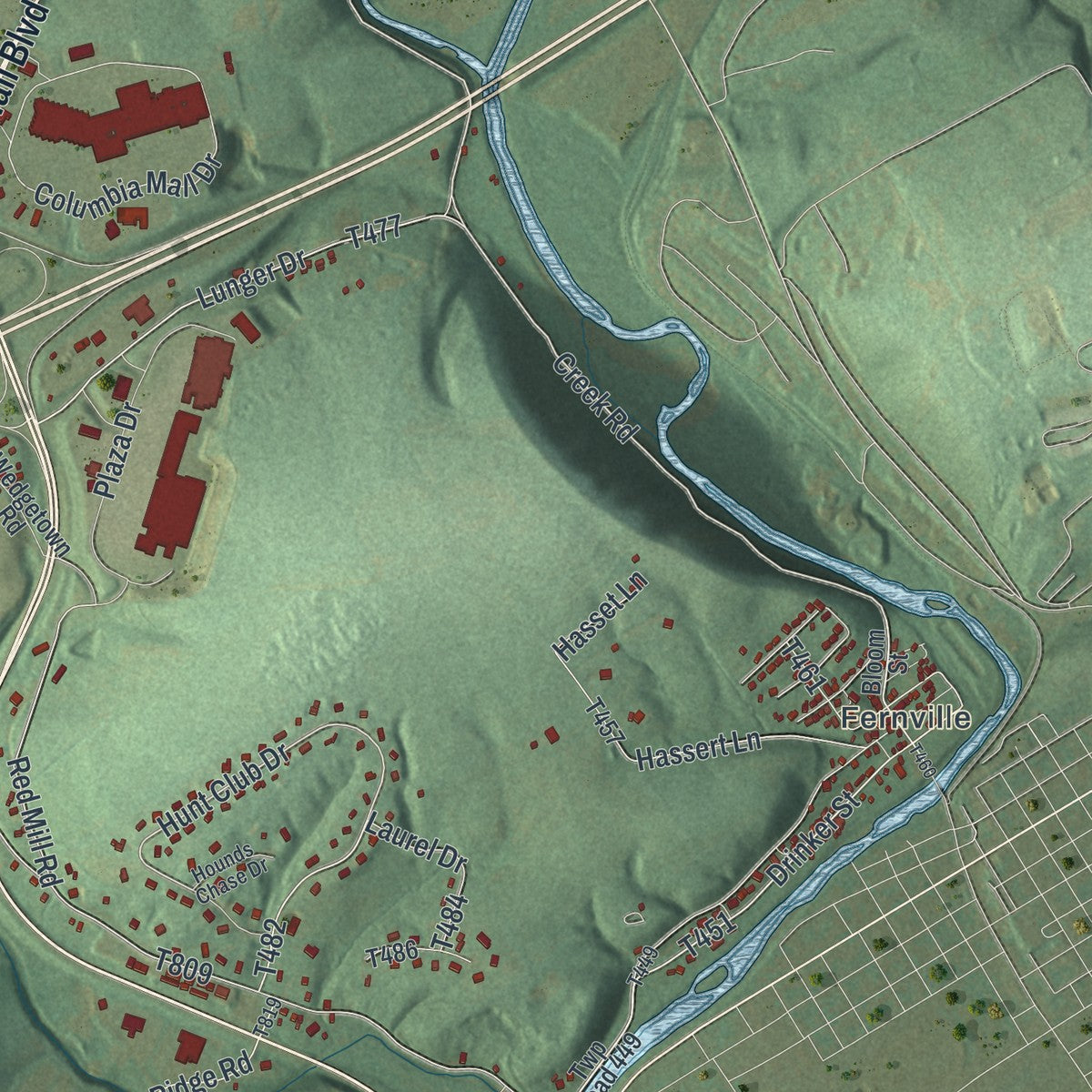 Close-up of the map of Hemlock, Pennsylvania print showing street and building detail