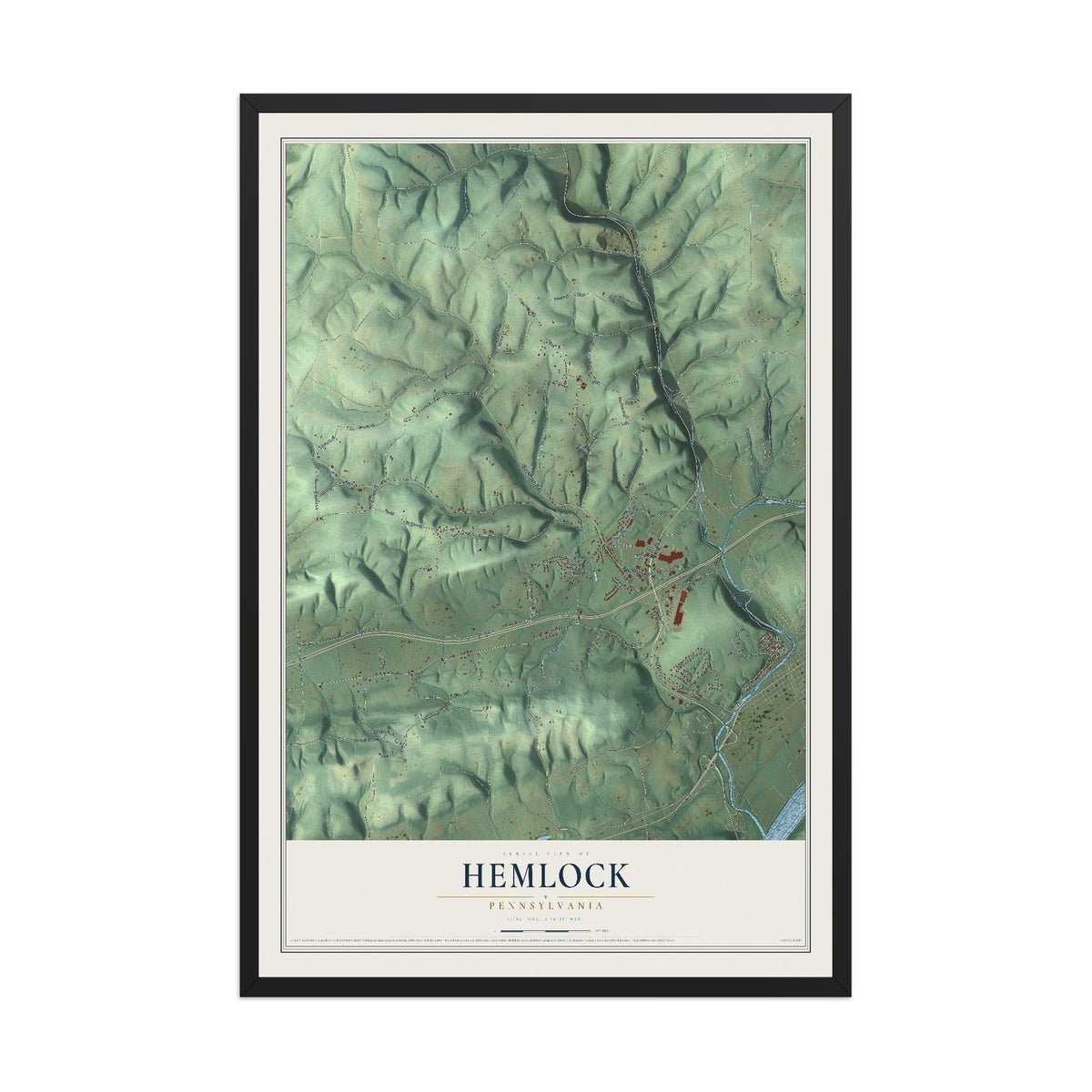 Map of Hemlock, Pennsylvania, 12 x 18 inch print in a black wood frame
