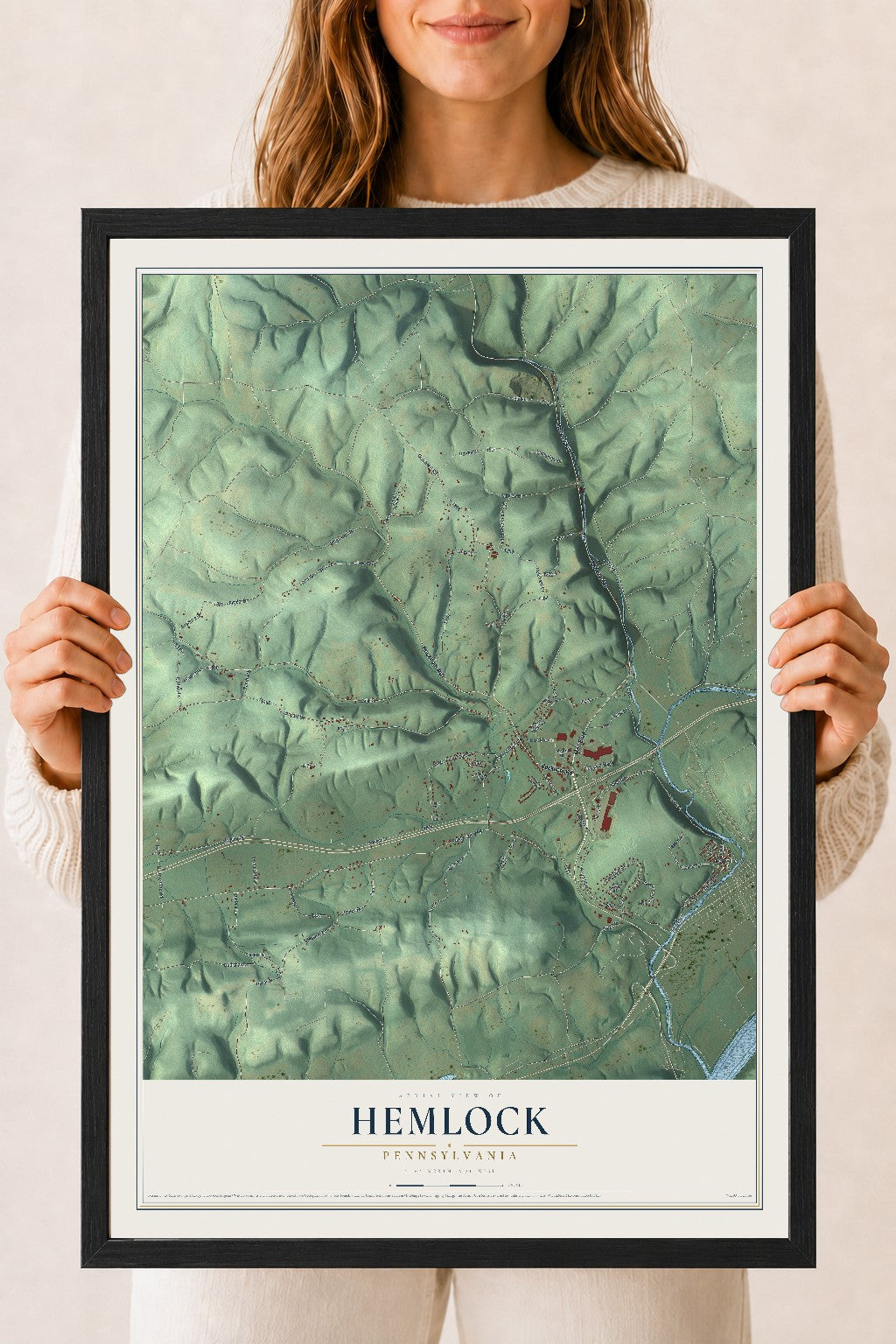 Map of Hemlock, Pennsylvania, 18 x 24 inch print in a black wood frame