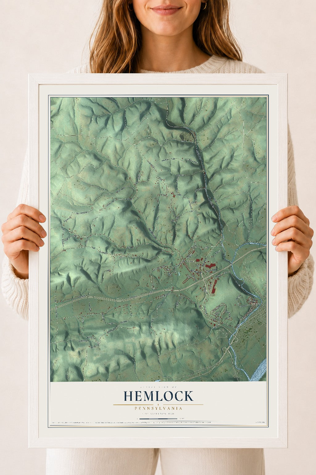 Map of Hemlock, Pennsylvania, 18 x 24 inch print in a white wood frame