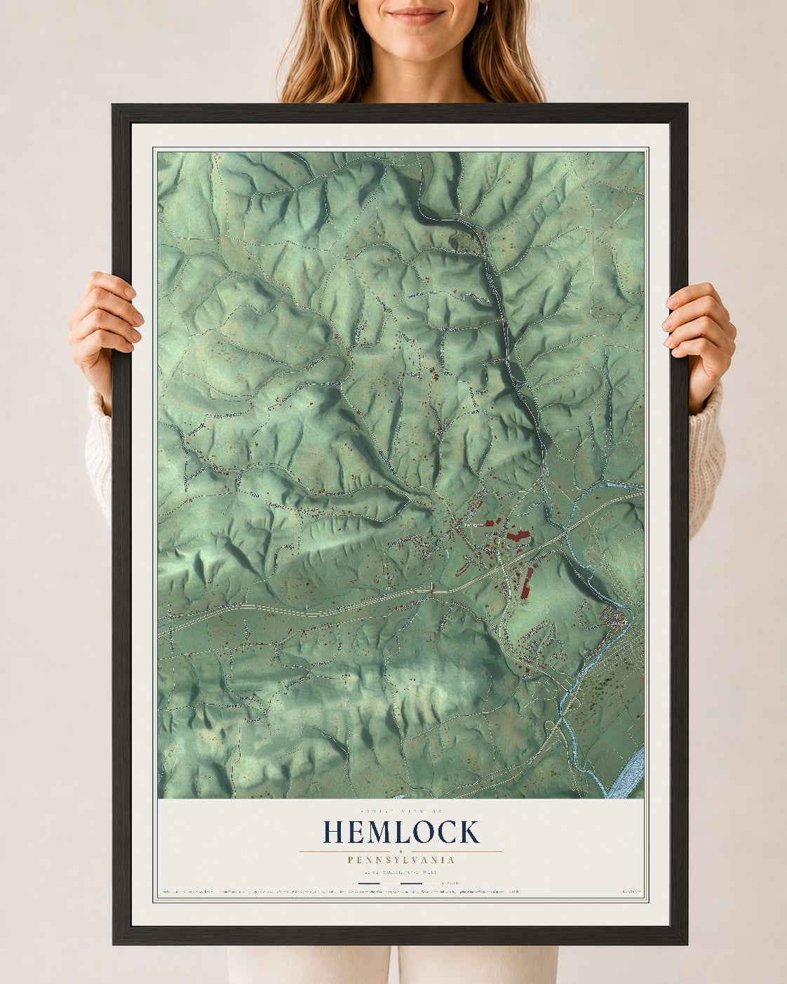 Map of Hemlock, Pennsylvania, 24 x 36 inch print in a black wood frame