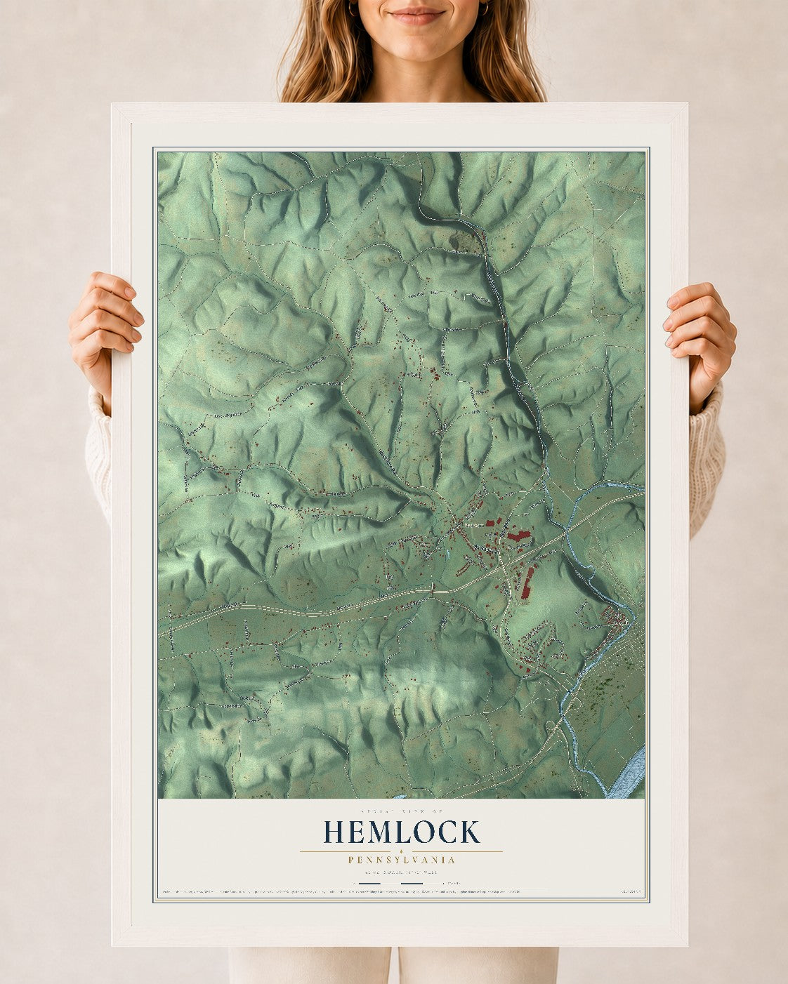 Map of Hemlock, Pennsylvania, 24 x 36 inch print in a white wood frame