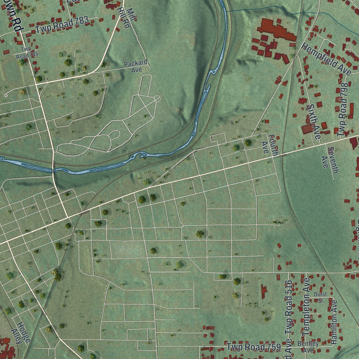 Close-up of the map of Hempfield, Mercer County, Pennsylvania print showing street and building detail