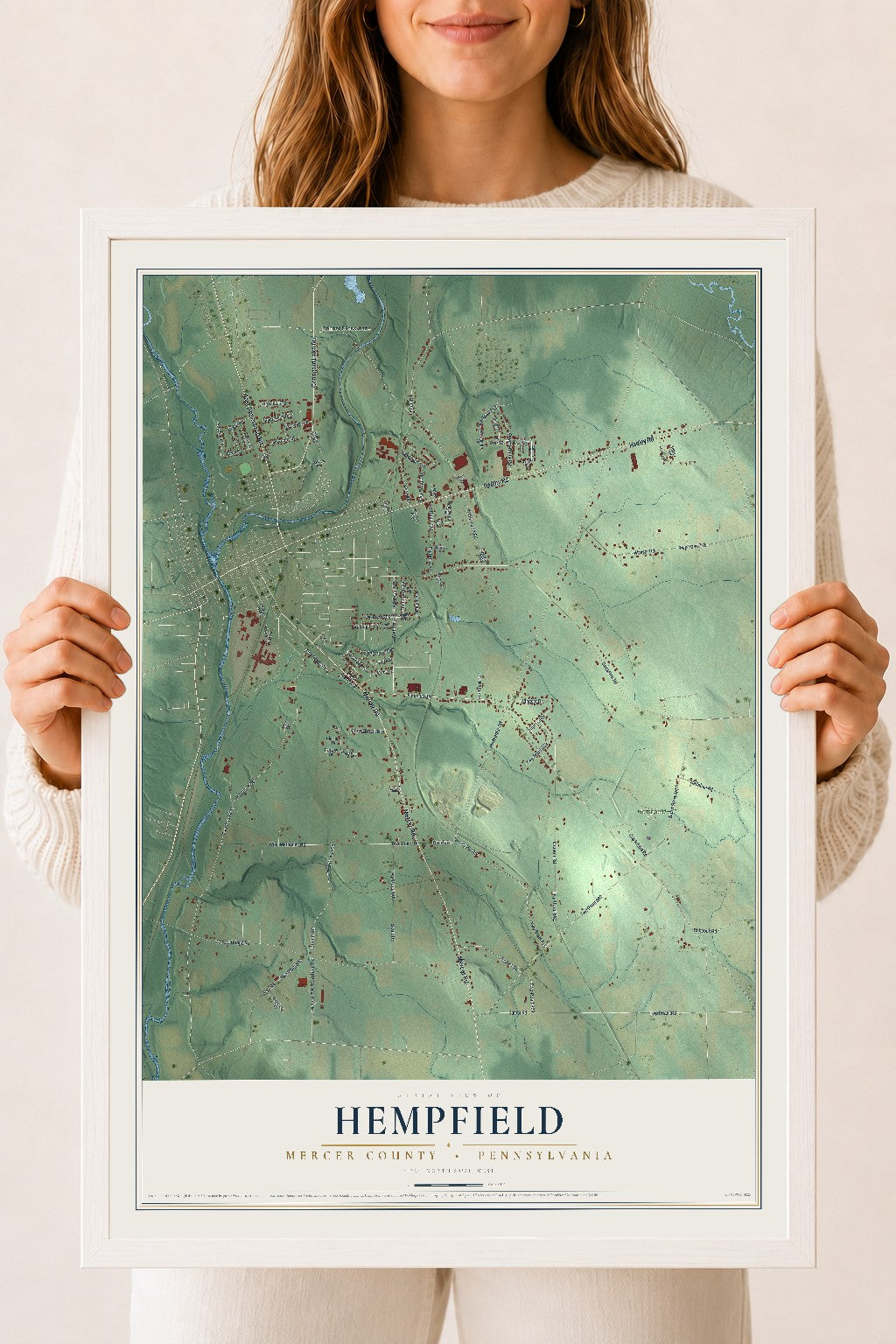 Map of Hempfield, Mercer County, Pennsylvania, 18 x 24 inch print in a white wood frame