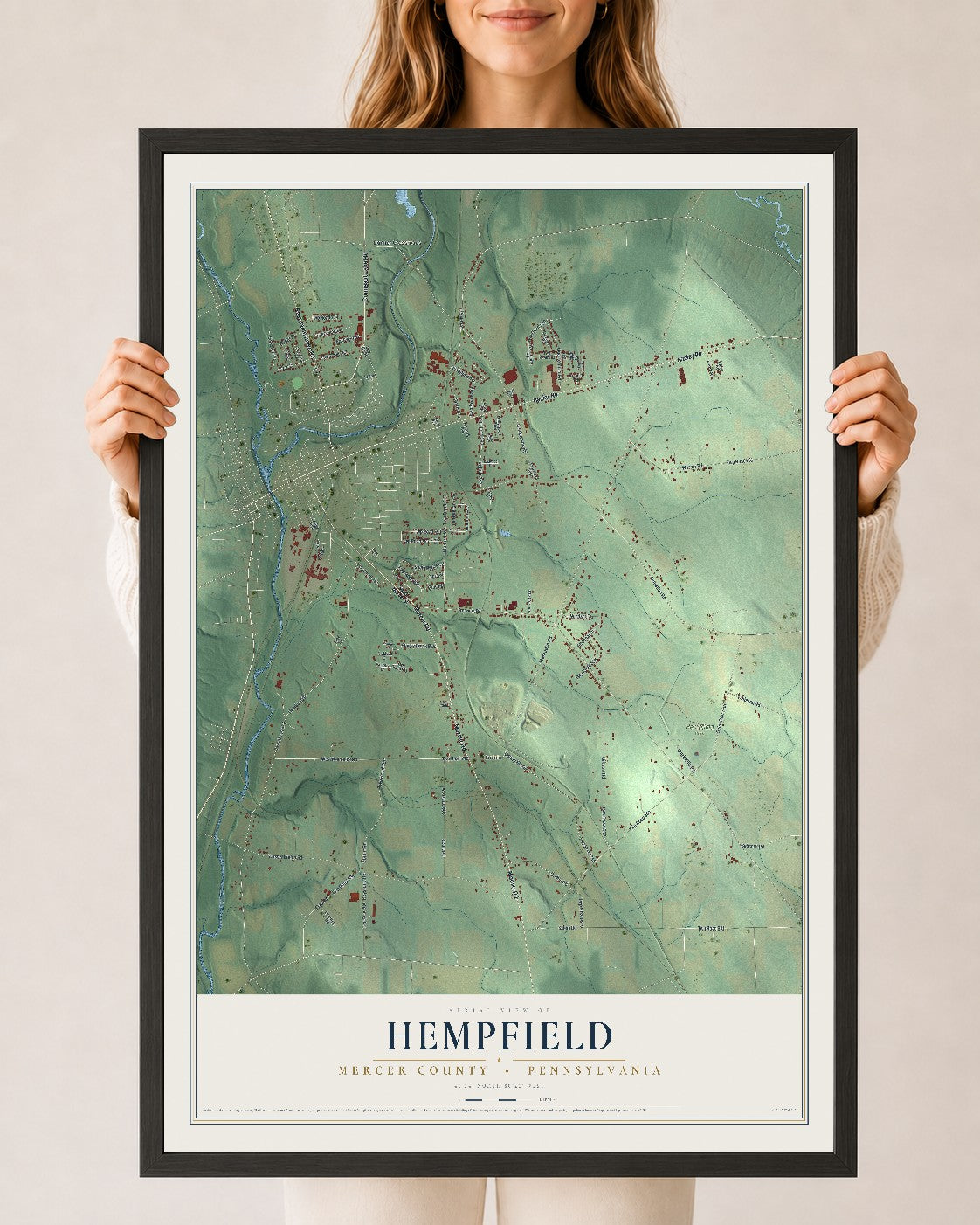Map of Hempfield, Mercer County, Pennsylvania, 24 x 36 inch print in a black wood frame