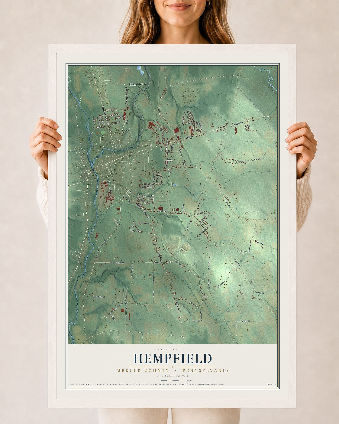 Map of Hempfield, Mercer County, Pennsylvania, 24 x 36 inch print in a white wood frame