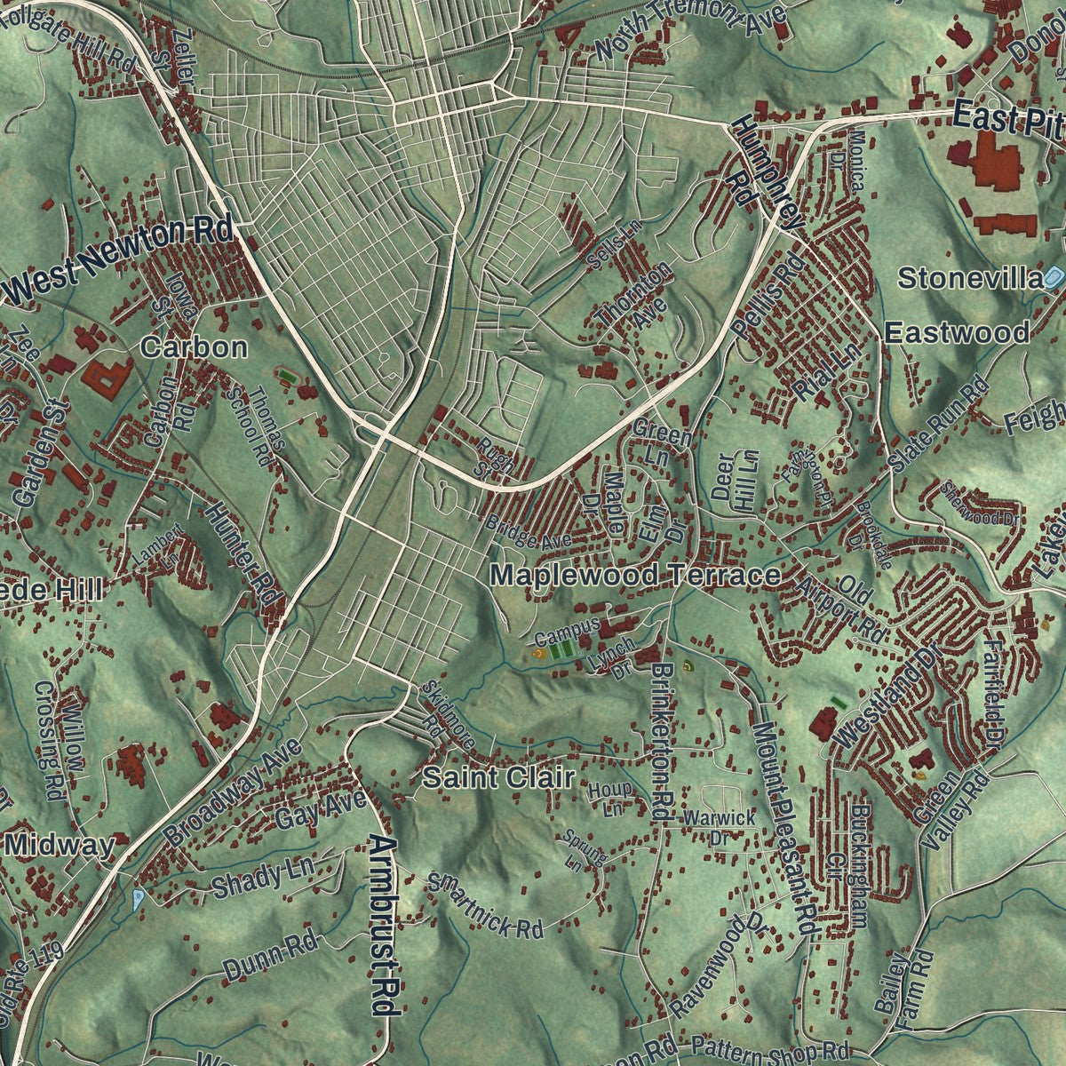 Close-up of the map of Hempfield, Westmoreland County, Pennsylvania print showing street and building detail