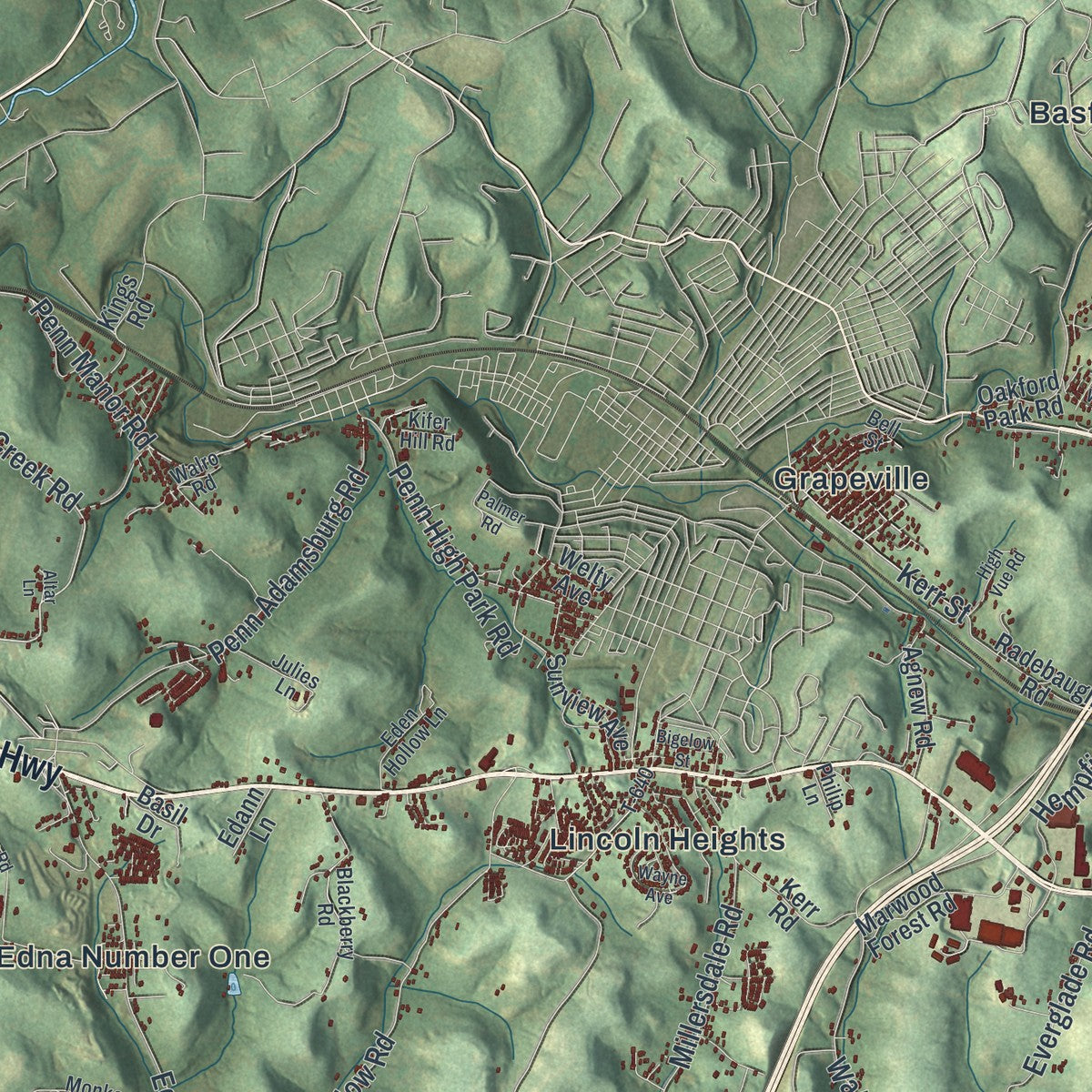 Second close-up of the map of Hempfield, Westmoreland County, Pennsylvania print showing more streets and buildings