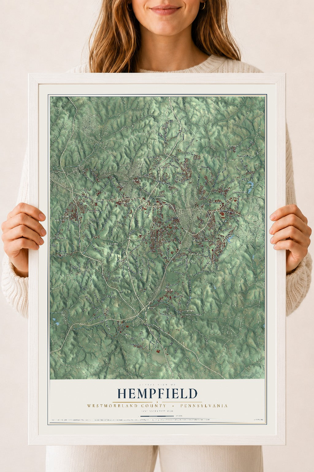 Map of Hempfield, Westmoreland County, Pennsylvania, 18 x 24 inch print in a white wood frame