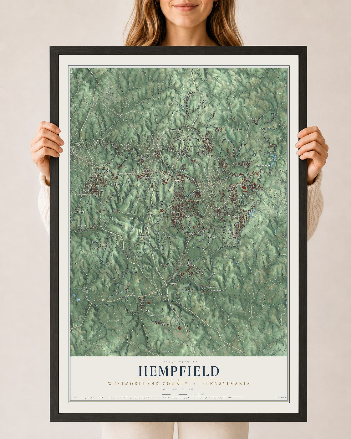 Map of Hempfield, Westmoreland County, Pennsylvania, 24 x 36 inch print in a black wood frame
