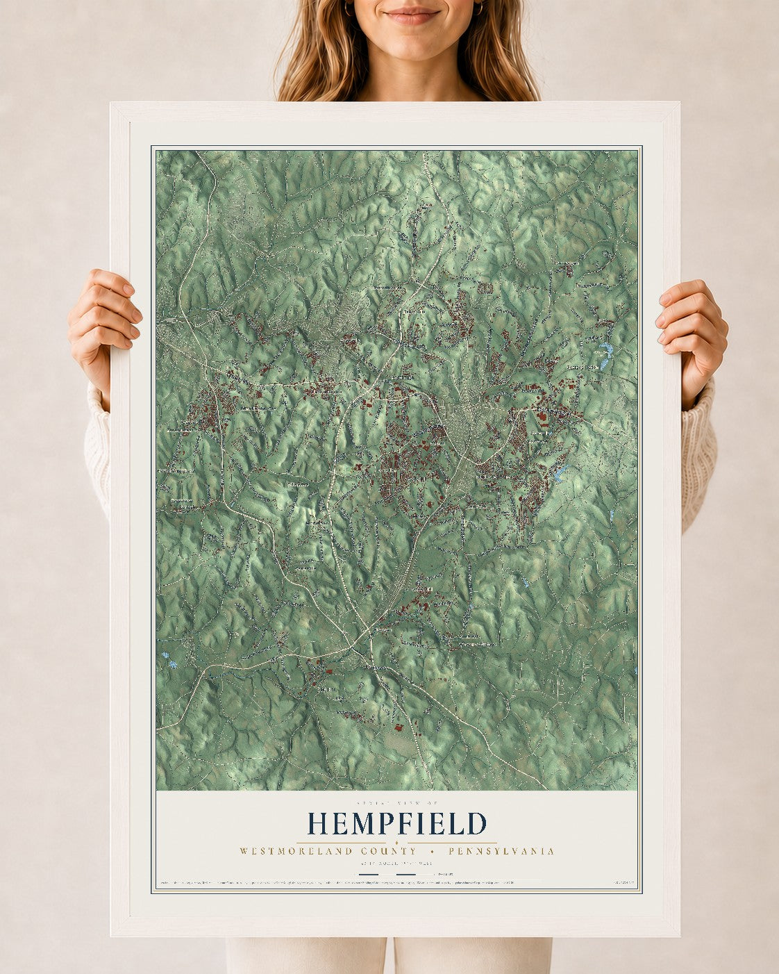 Map of Hempfield, Westmoreland County, Pennsylvania, 24 x 36 inch print in a white wood frame
