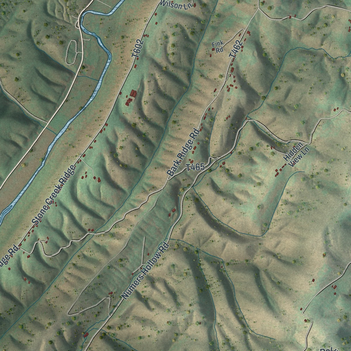 Close-up of the map of Henderson, Huntingdon County, Pennsylvania print showing street and building detail